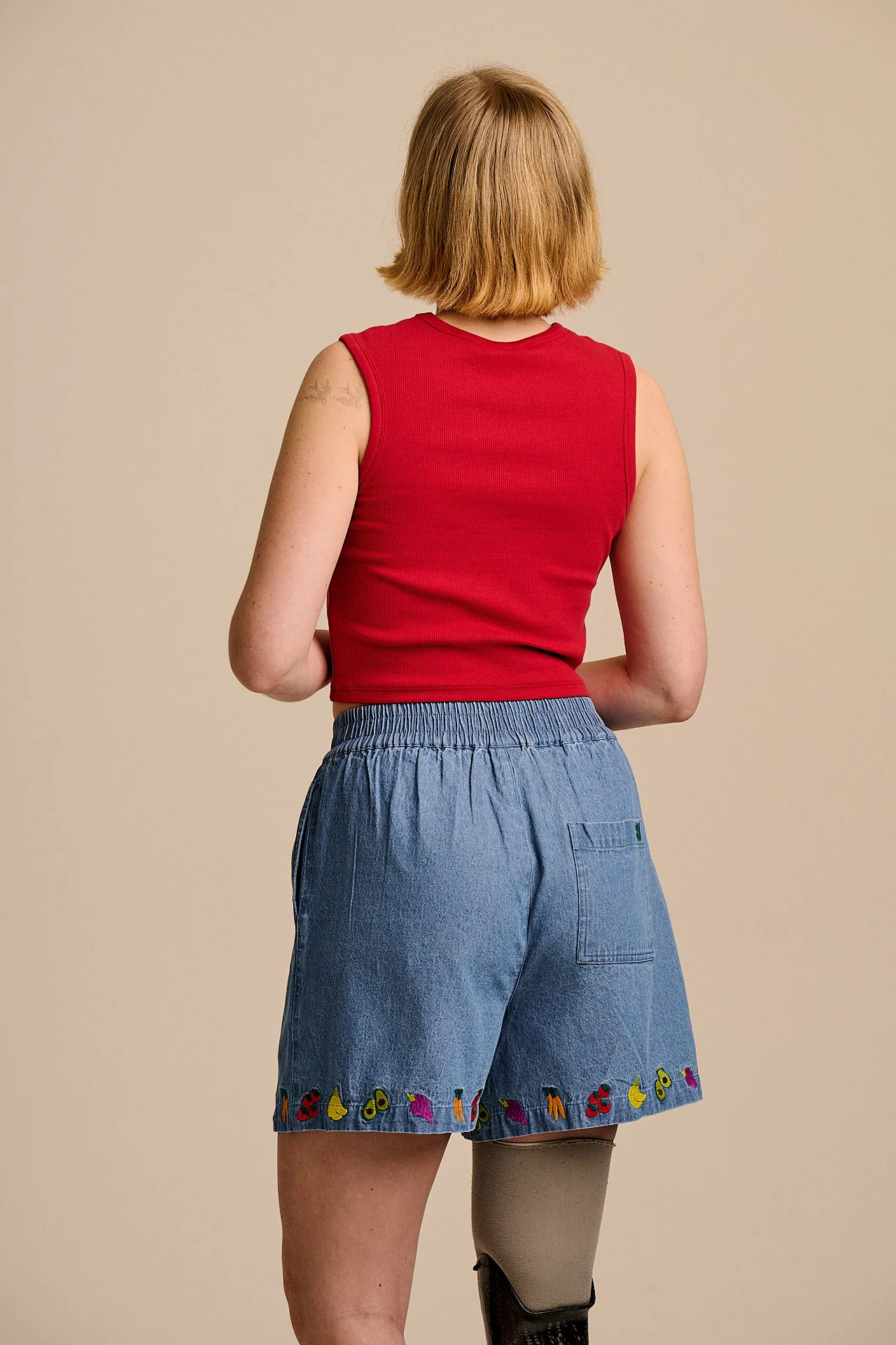 Charlie - Cotton Shorts in Light Blue with Veg Embroidery - Image 5