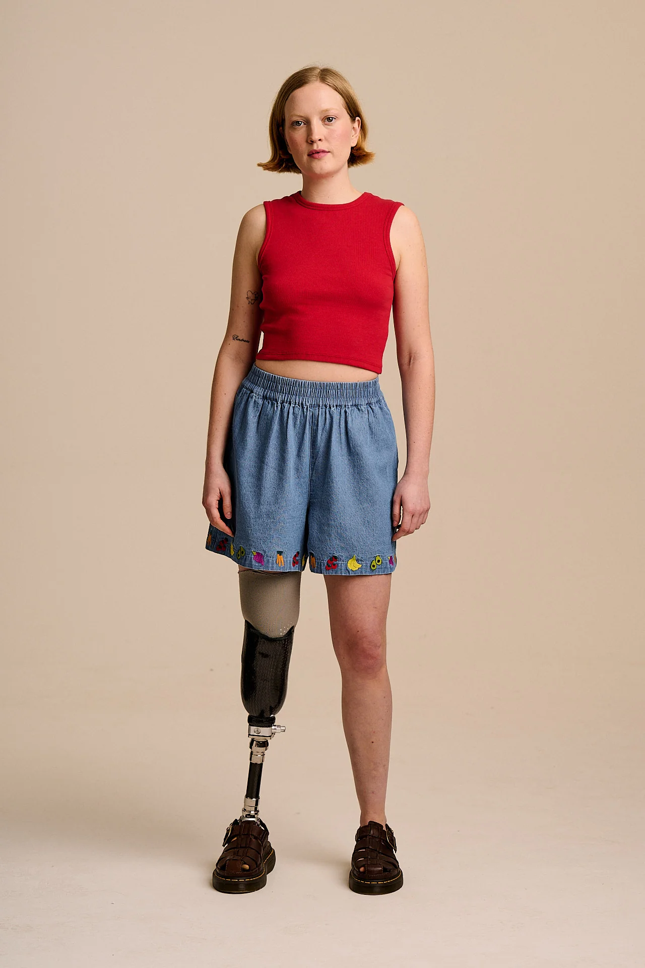 Charlie - Cotton Shorts in Light Blue with Veg Embroidery - Image 6