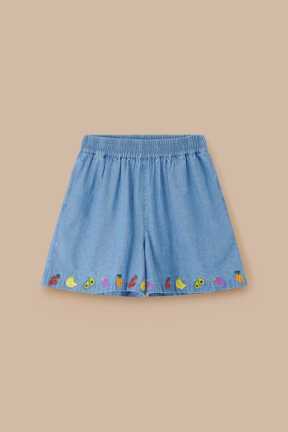 Charlie - Cotton Shorts in Light Blue with Veg Embroidery - Image 7