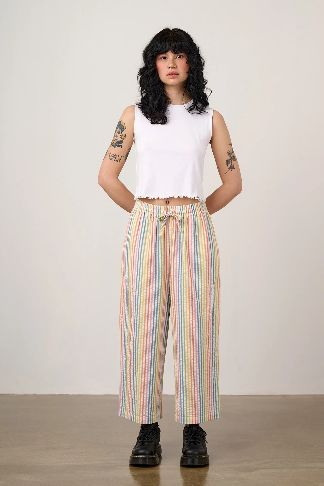 Chuck - Wide Leg Cotton Trousers in Vintage Rainbow Stripe - Image 3