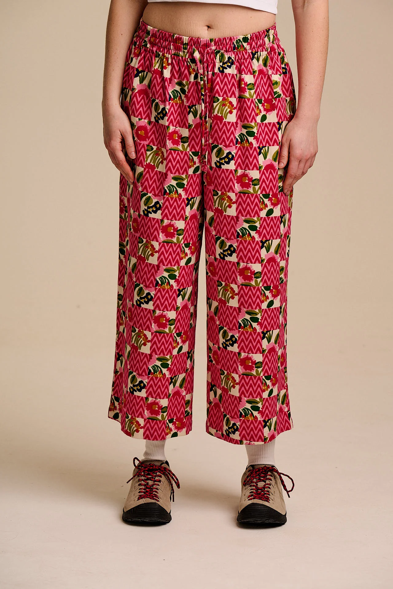 Chuck - Wide Leg Cotton Trousers in Zig Zag Floral Checkerboard - Image 6