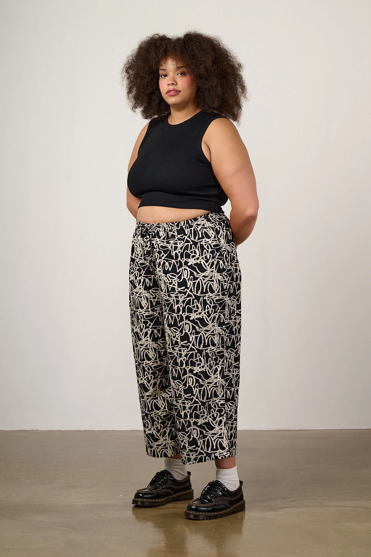 Chuck - Wide Leg Cotton Trousers in Black & White Graffiti Print - Image 4