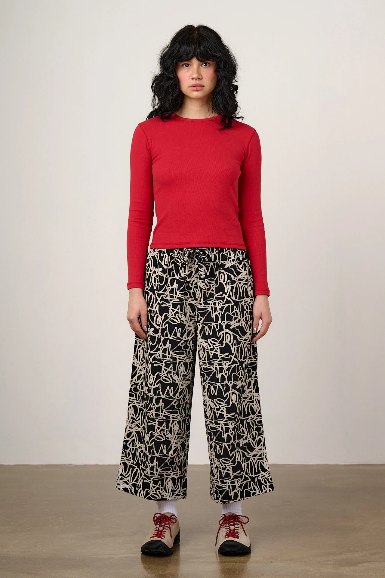 Chuck - Wide Leg Cotton Trousers in Black & White Graffiti Print - Image 7
