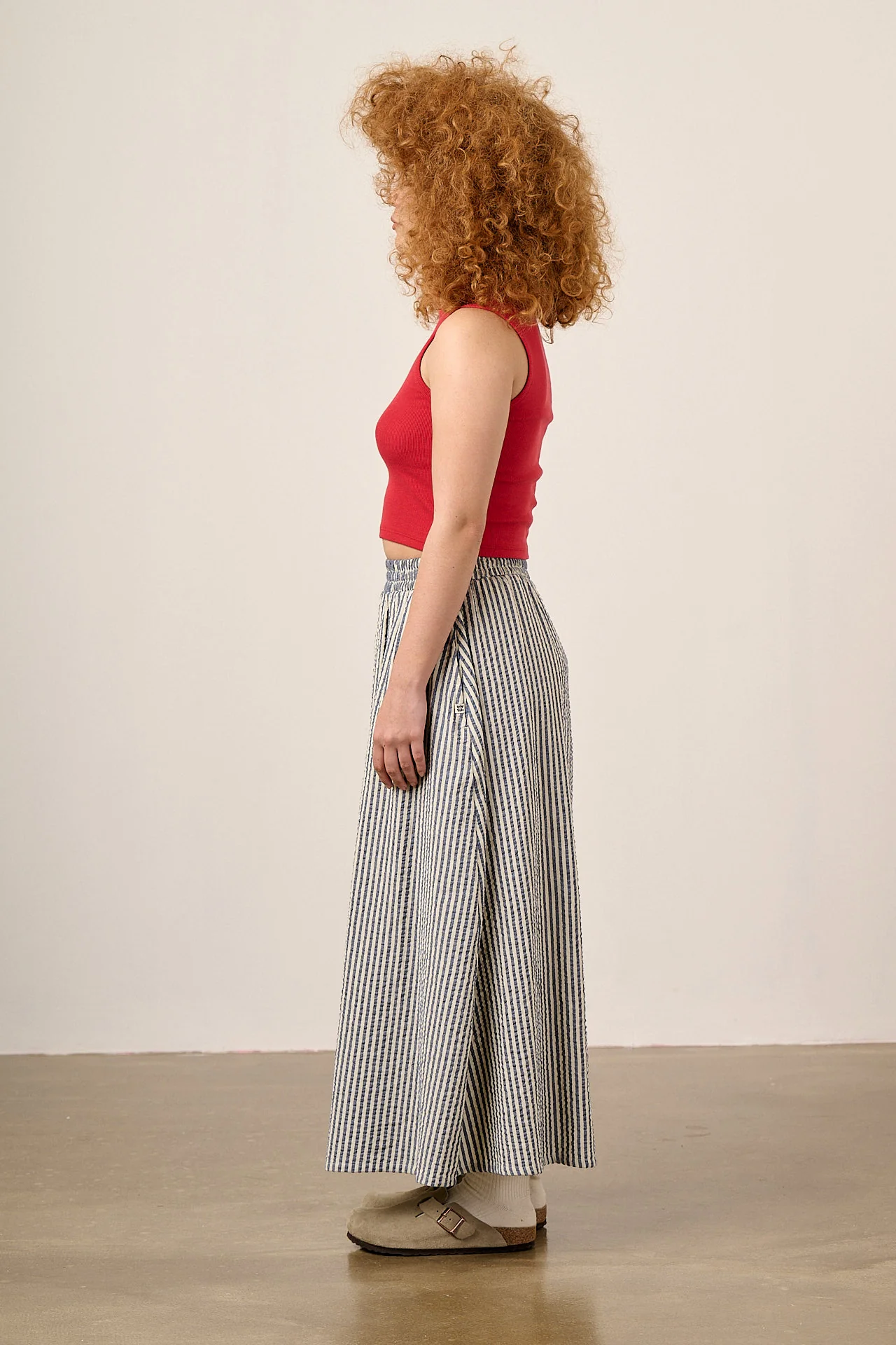 Clara - Cotton Midi Skirt in Navy Stripe - Image 4