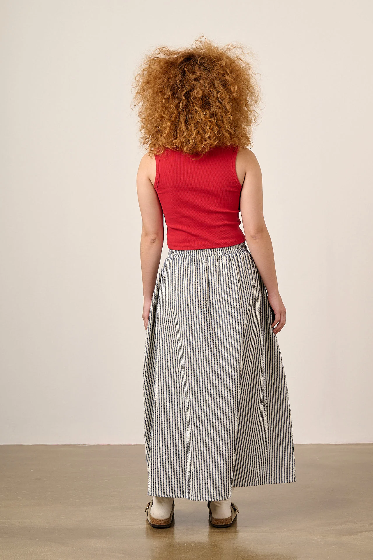 Clara - Cotton Midi Skirt in Navy Stripe - Image 5