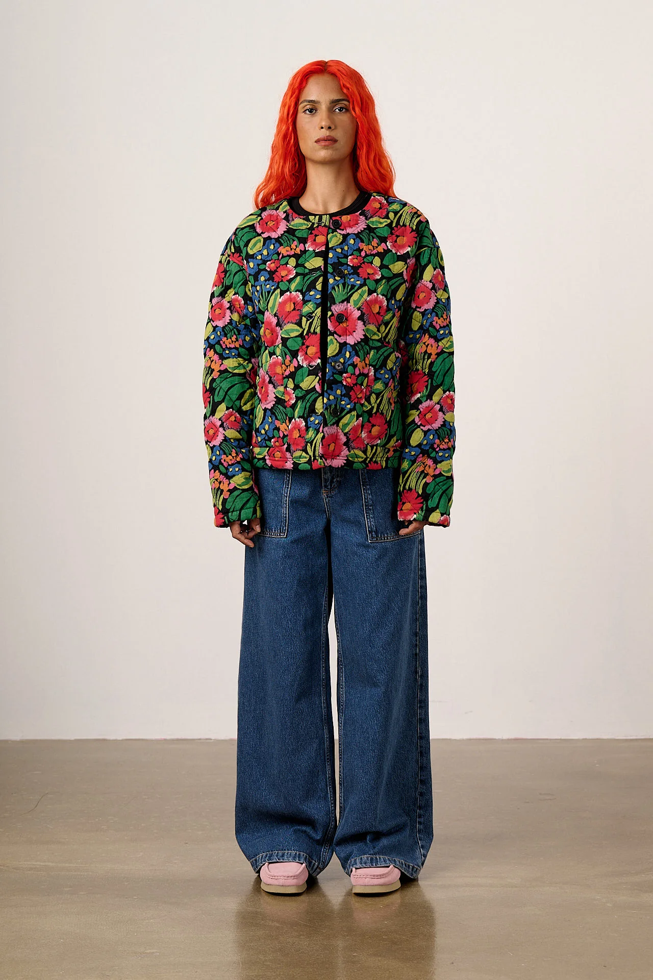 Cleo - Cotton Collarless Quilted Jacket in Black Marie Print - Image 4