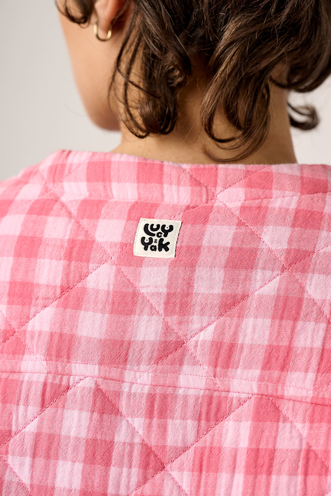 Cleo - Cotton Collarless Quilted Jacket in Pink Check - Image 3