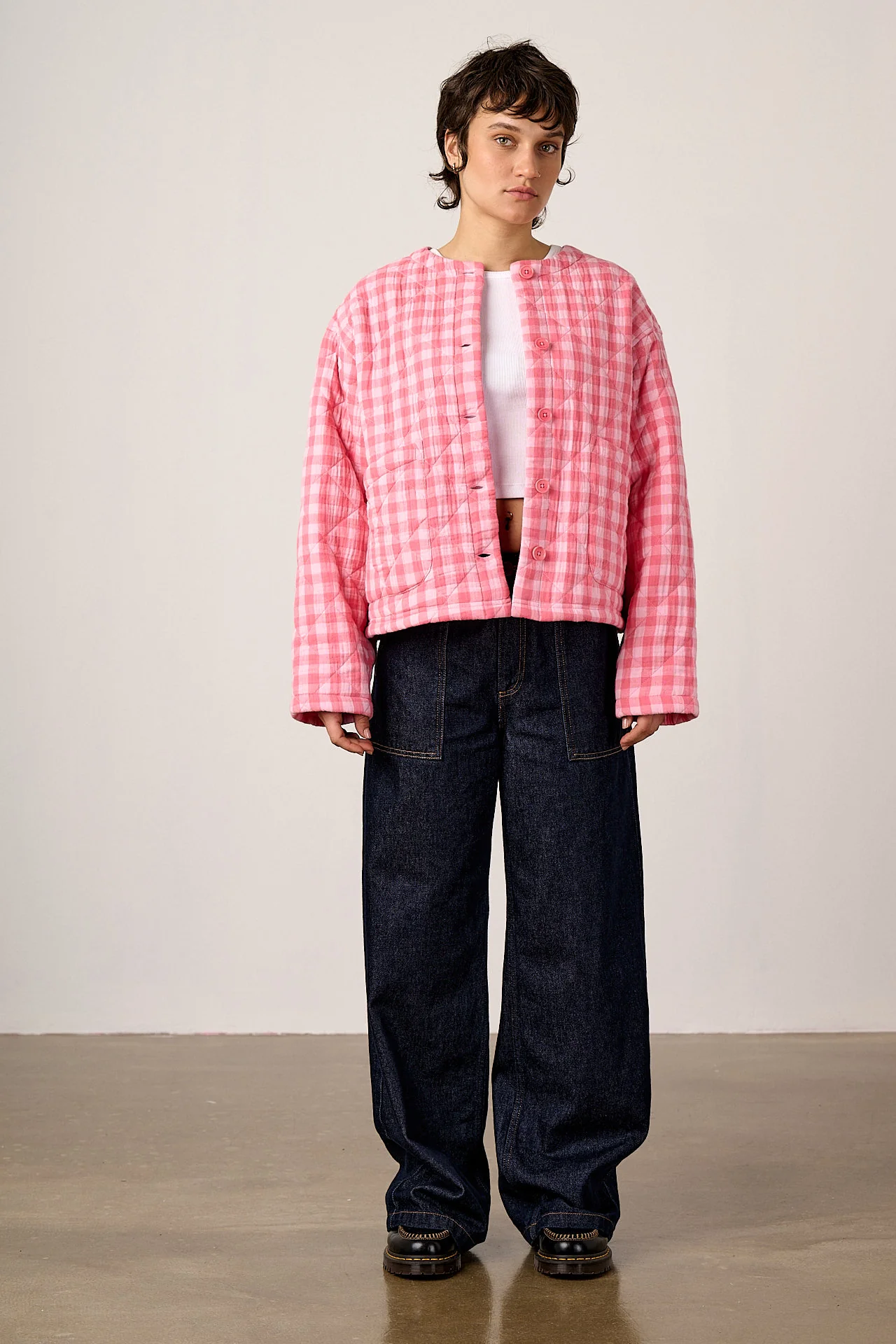 Cleo - Cotton Collarless Quilted Jacket in Pink Check - Image 6
