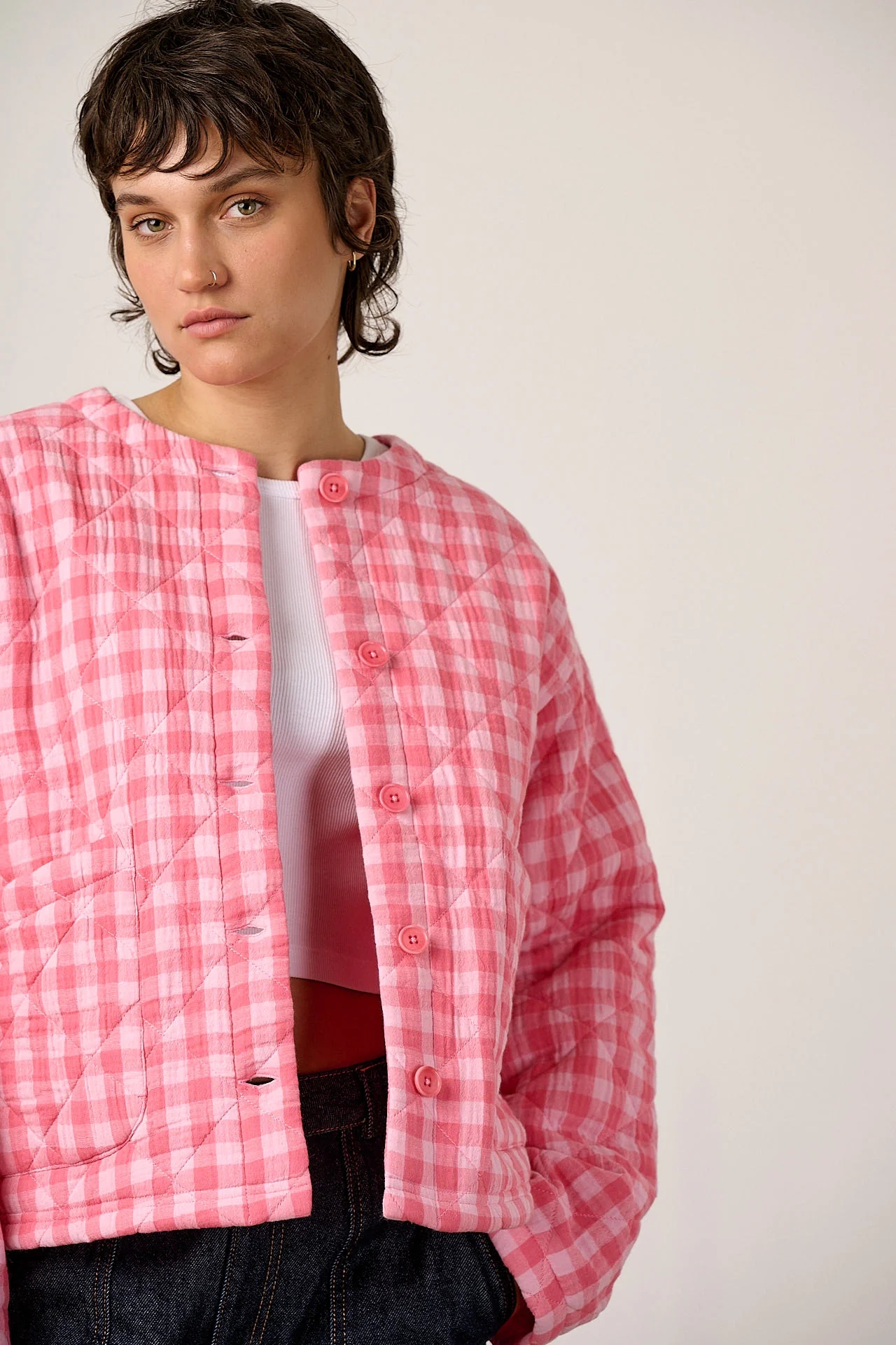Cleo - Cotton Collarless Quilted Jacket in Pink Check - Image 7