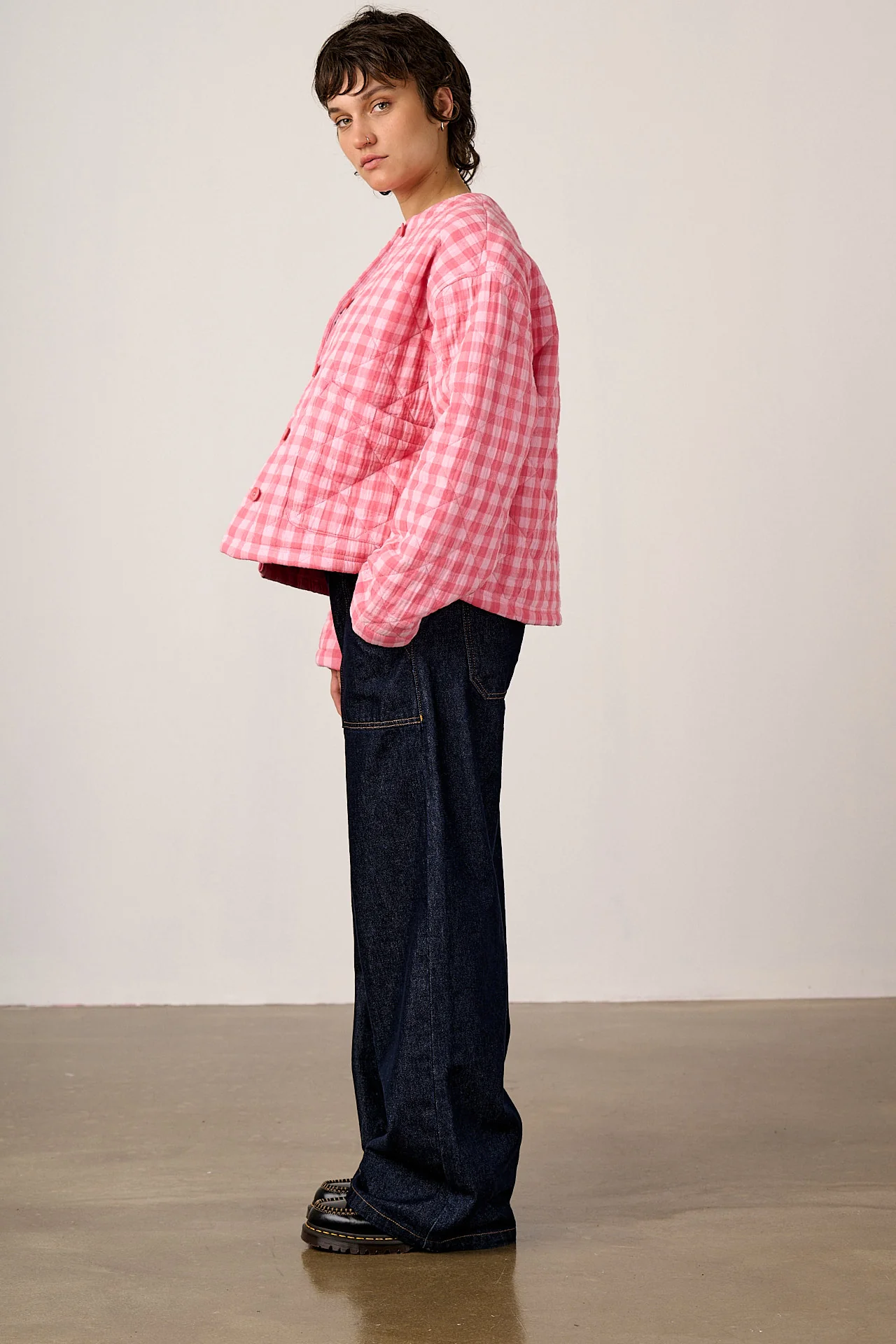 Cleo - Cotton Collarless Quilted Jacket in Pink Check - Image 8