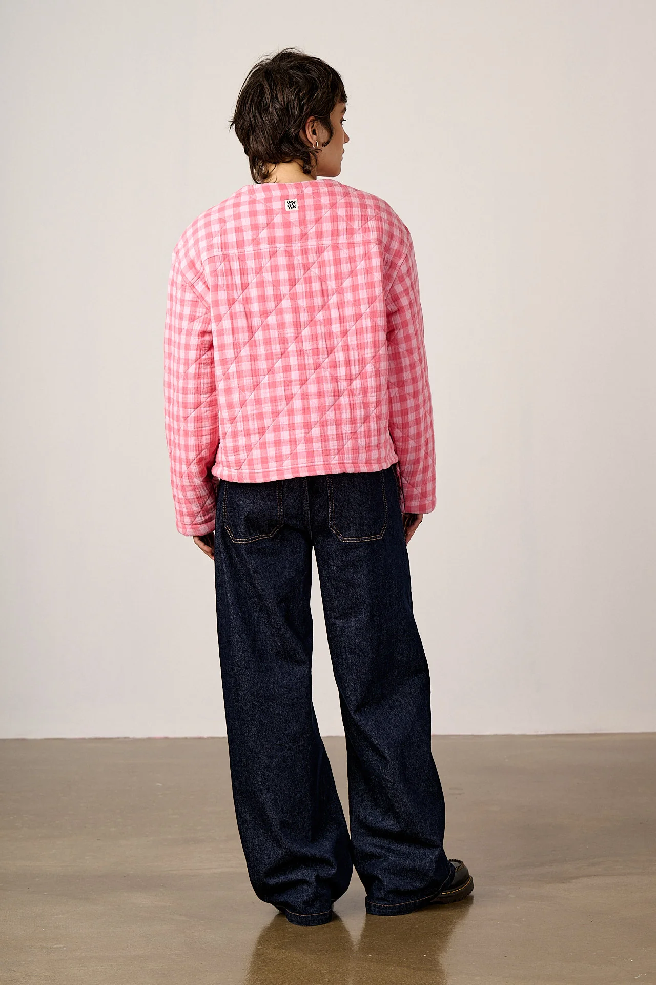 Cleo - Cotton Collarless Quilted Jacket in Pink Check - Image 9