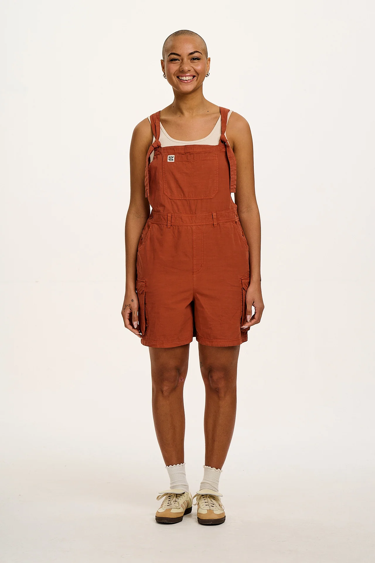Colorado - Cotton Cargo Dungaree Shorts in Amber Orange - Image 3