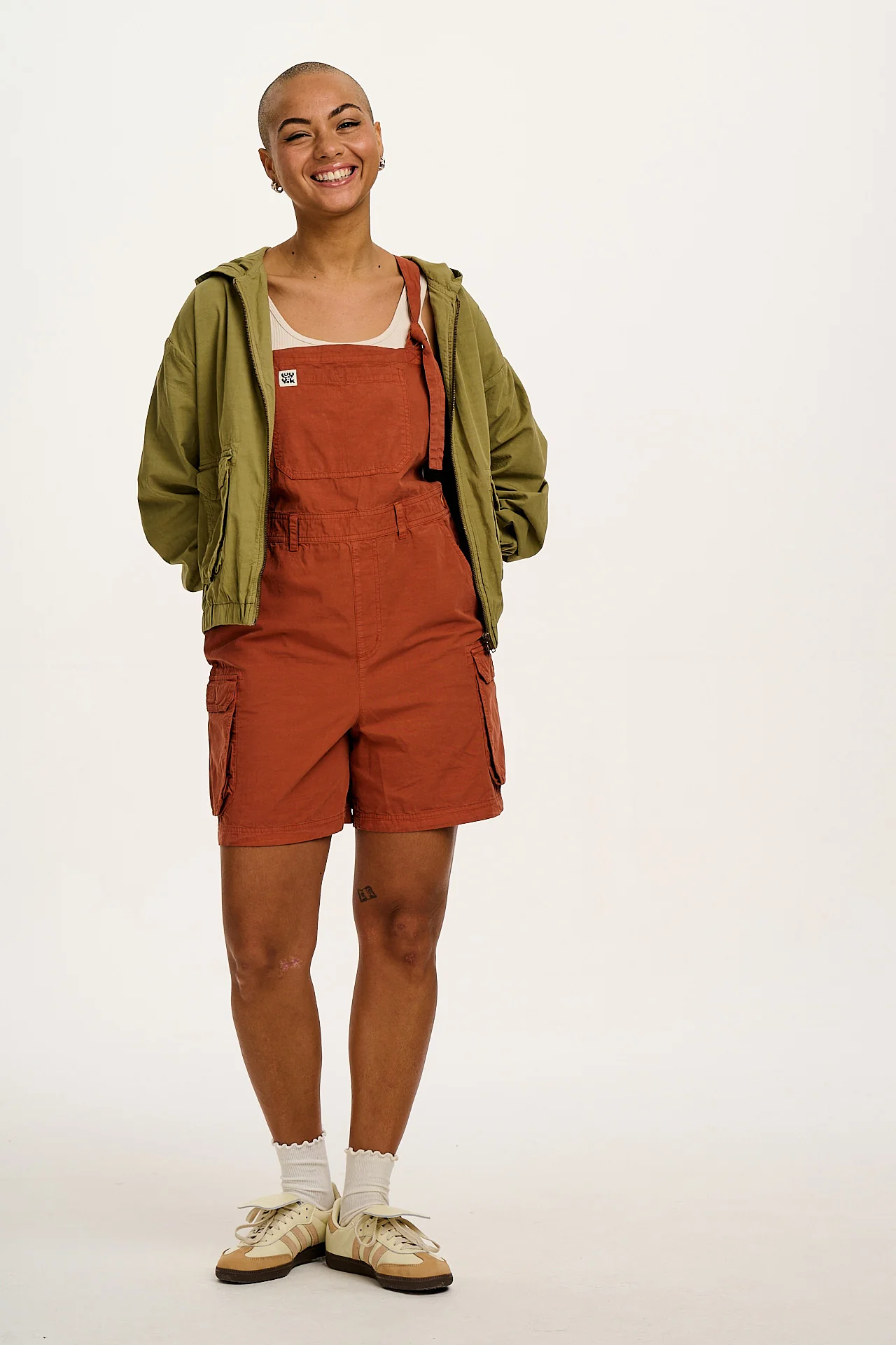 Colorado - Cotton Cargo Dungaree Shorts in Amber Orange - Image 8
