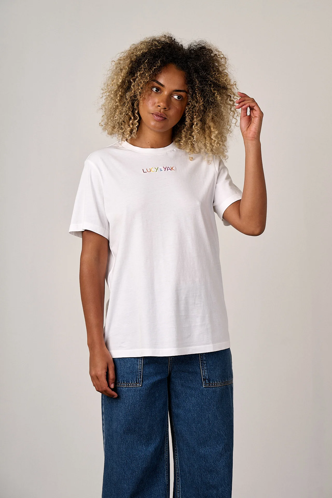 Denver - Cotton T-Shirt in White with Rainbow Logo Embroidery - Image 3