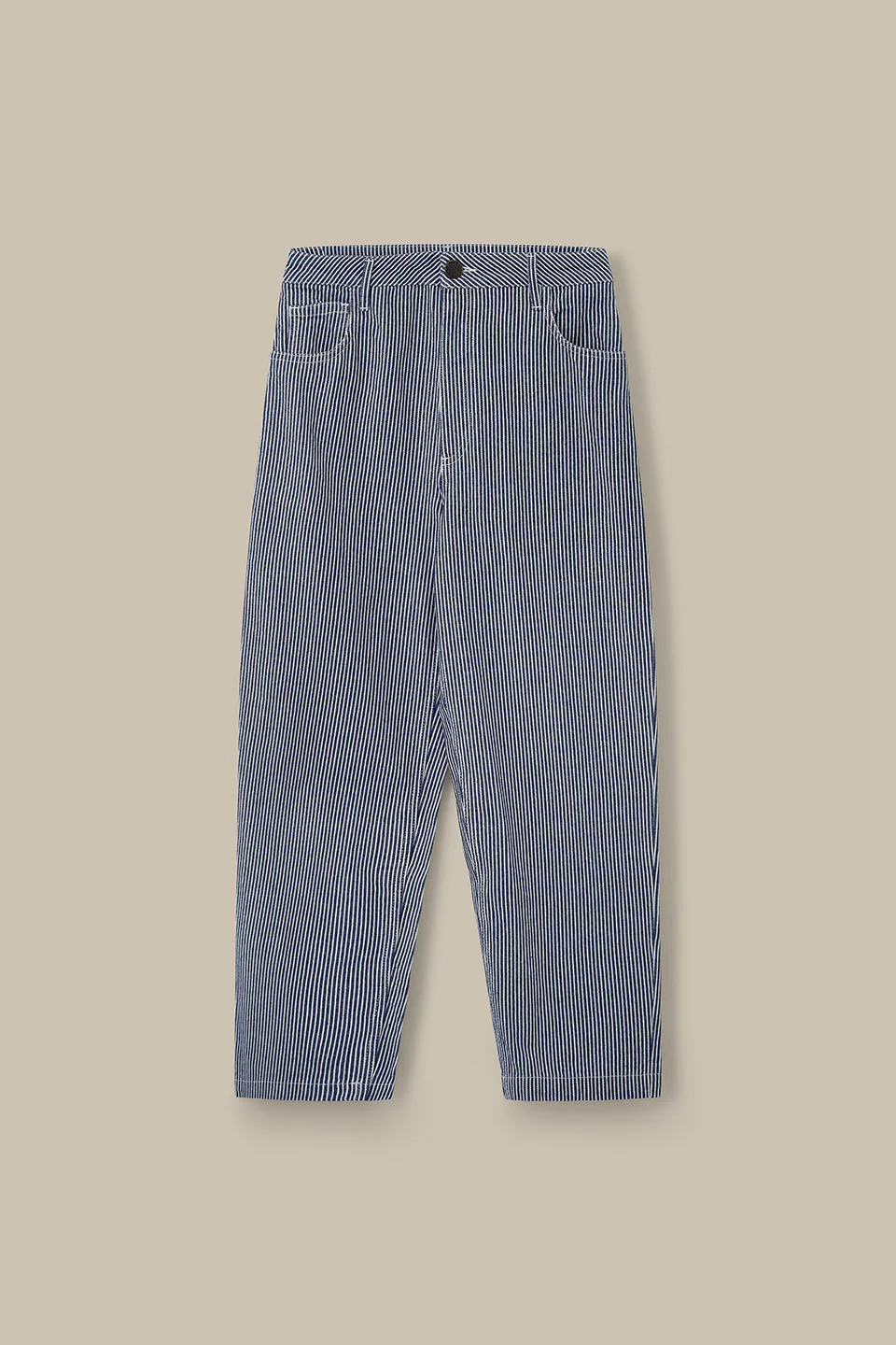 Drew - Cropped Straight Leg Cotton Trousers in Navy Stripe - Image 5