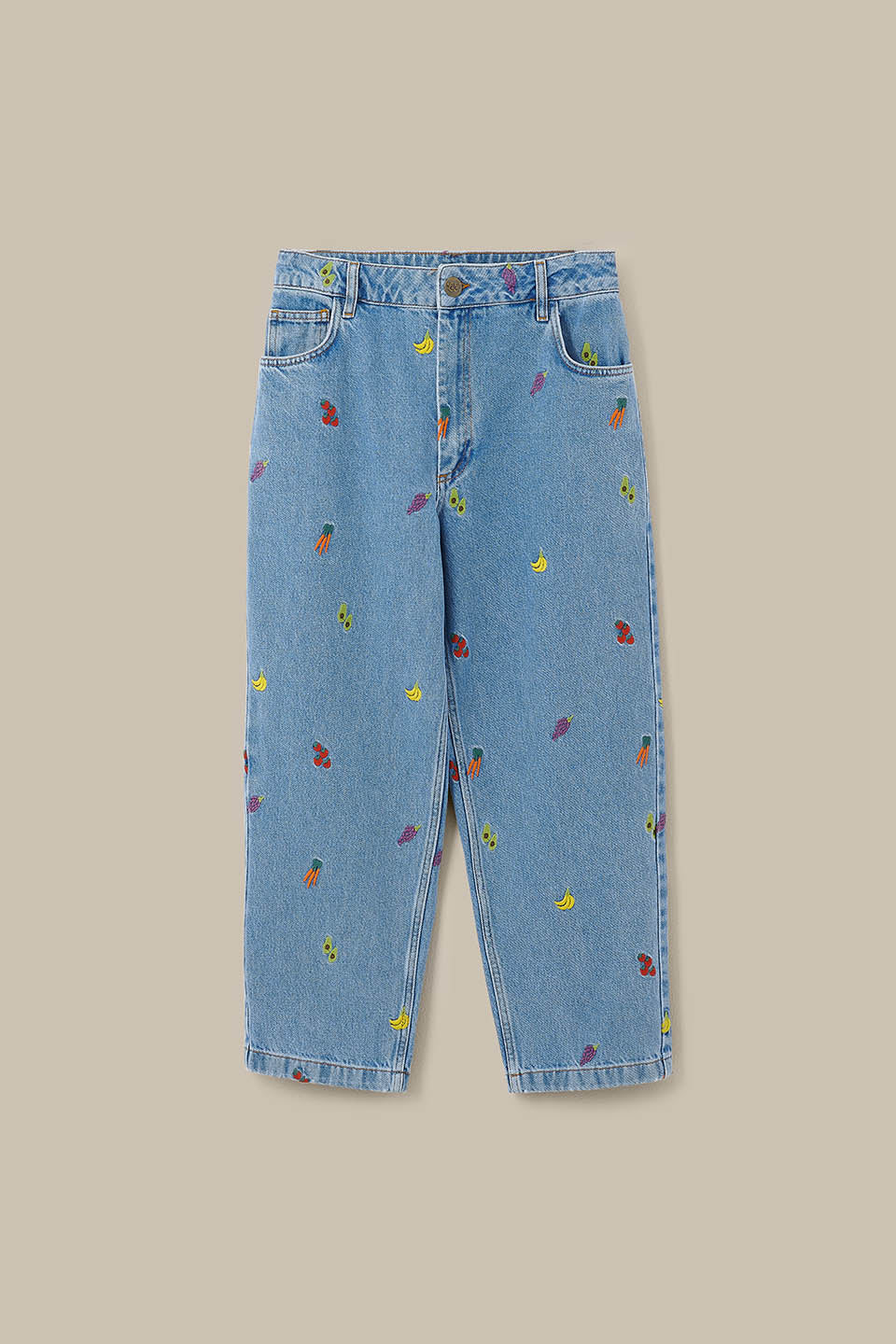 Drew - Cropped Straight Legged Cotton Trousers in Light Wash Veg Embroidery - Image 14