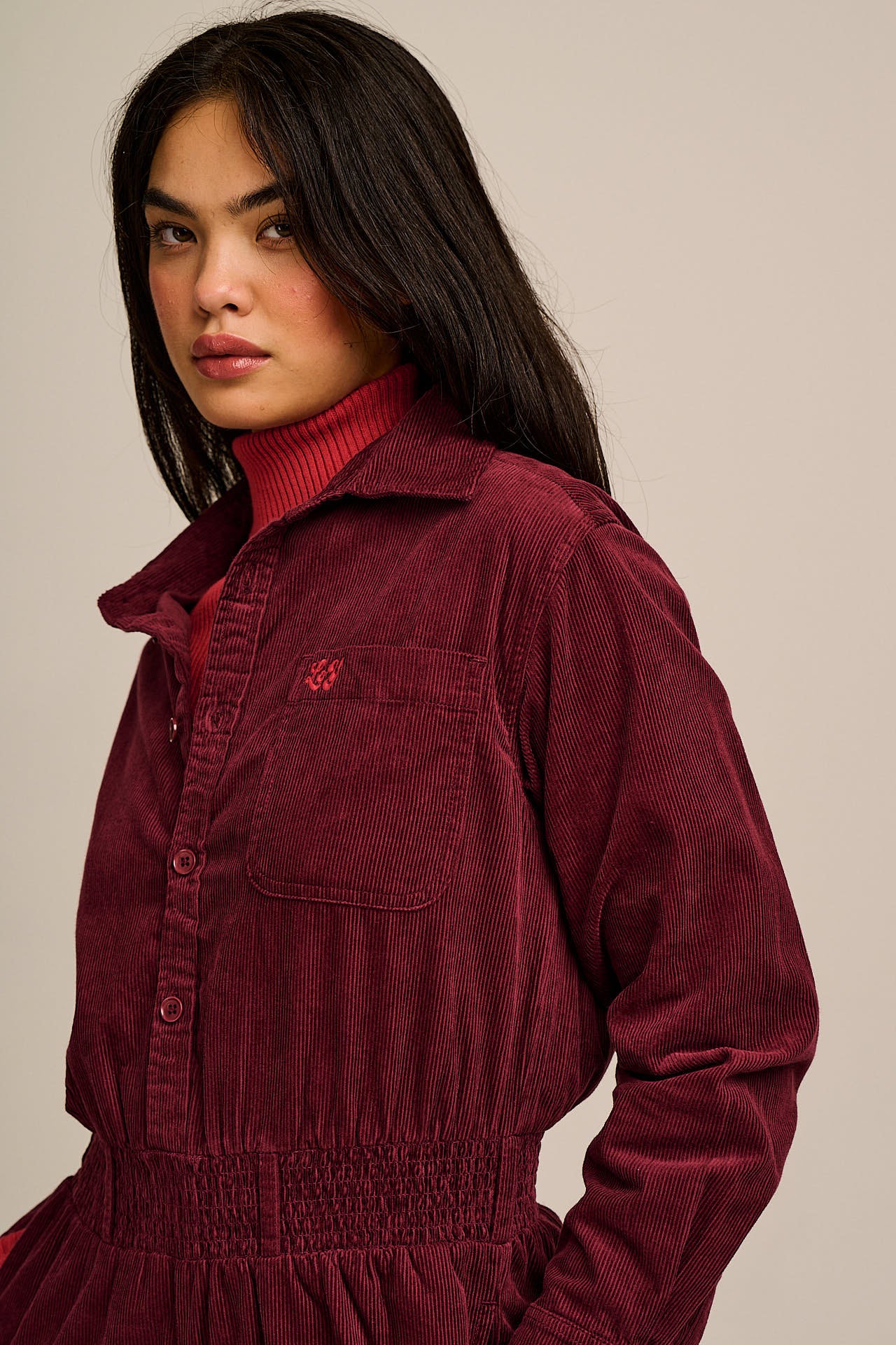Eddie - Long Sleeve Corduroy Jumpsuit in Wine Red - Image 2