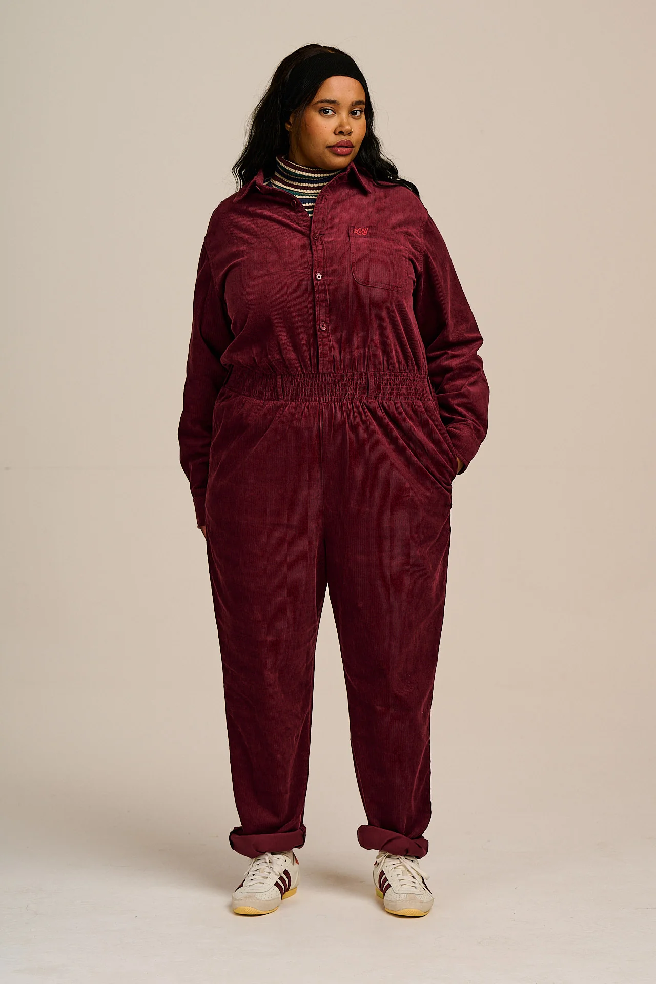Eddie - Long Sleeve Corduroy Jumpsuit in Wine Red - Image 3