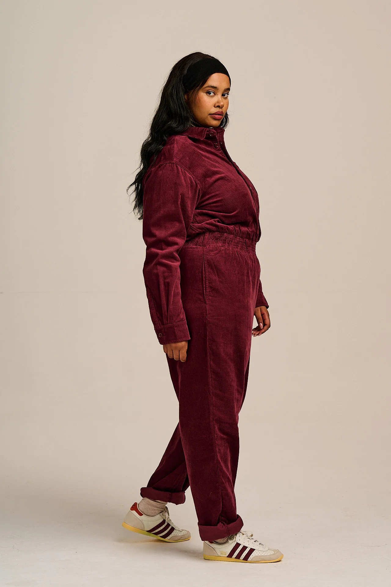 Eddie - Long Sleeve Corduroy Jumpsuit in Wine Red - Image 4