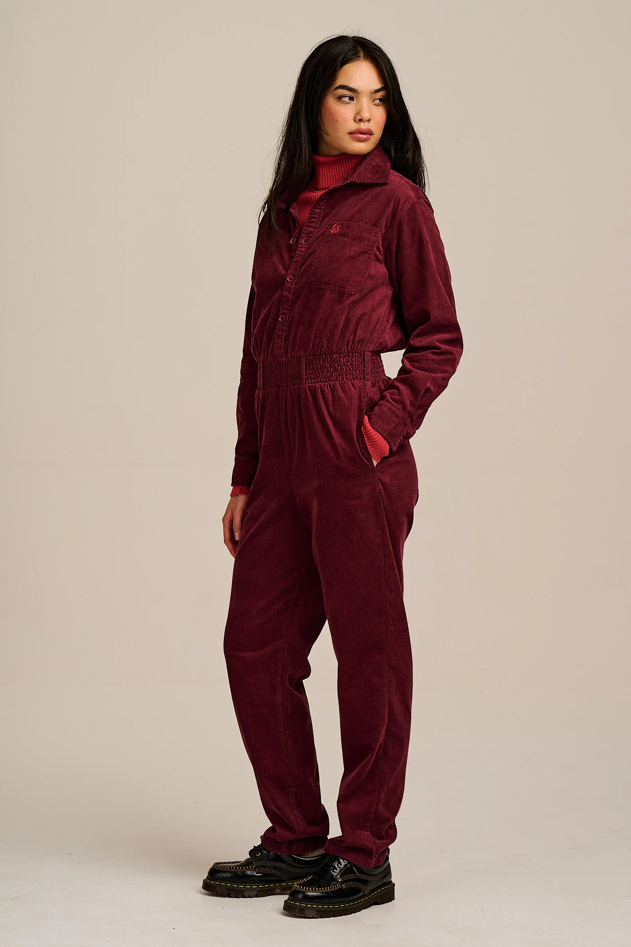 Eddie - Long Sleeve Corduroy Jumpsuit in Wine Red - Image 7
