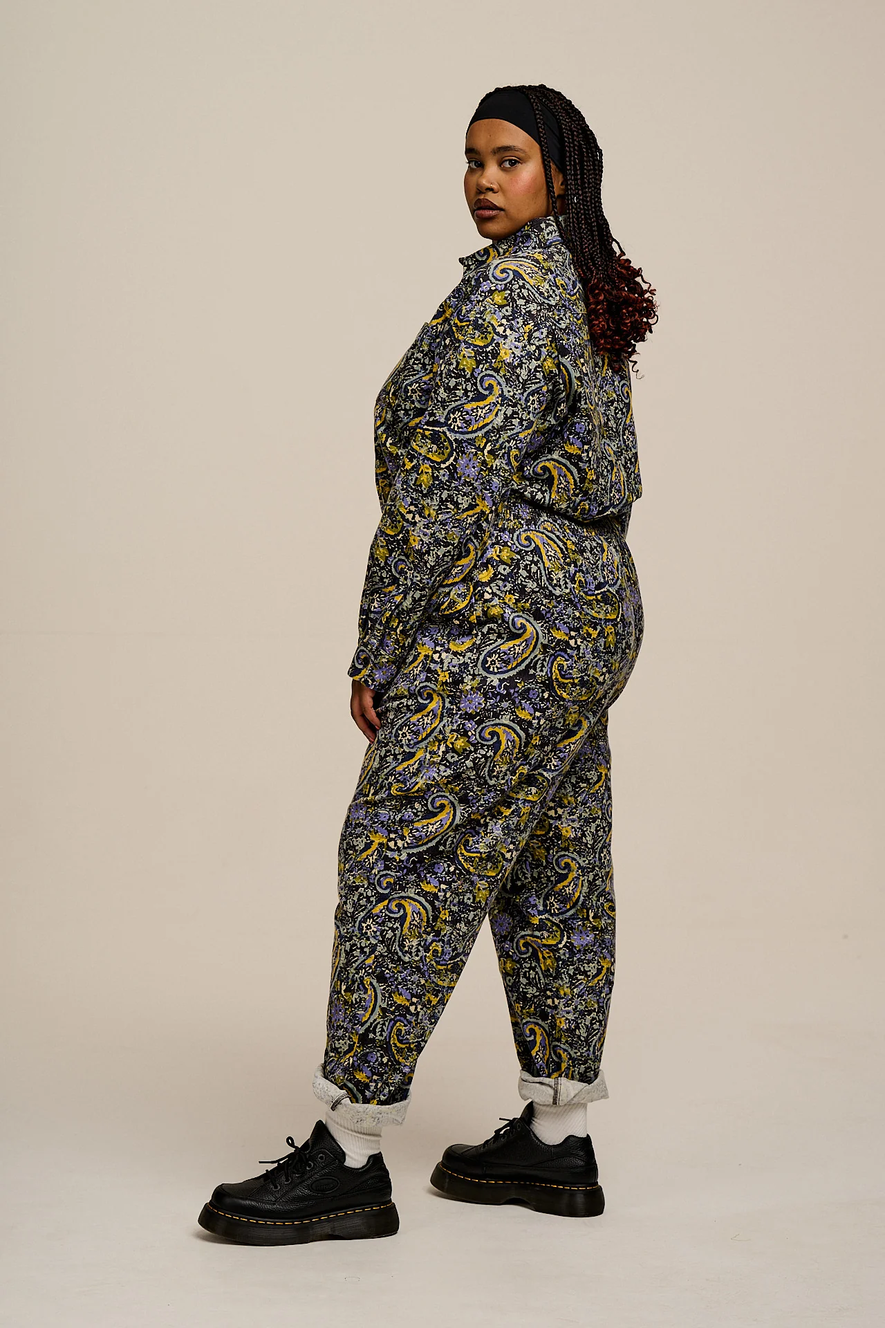 Eddie - Long Sleeve Corduroy Jumpsuit in Grunge Paisley Print - Image 3