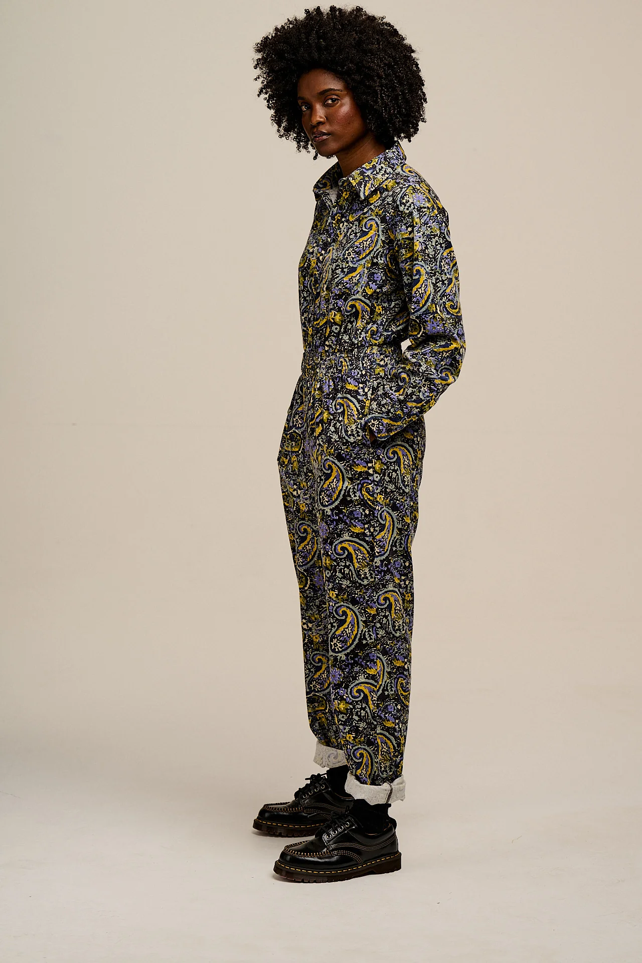 Eddie - Long Sleeve Corduroy Jumpsuit in Grunge Paisley Print - Image 5