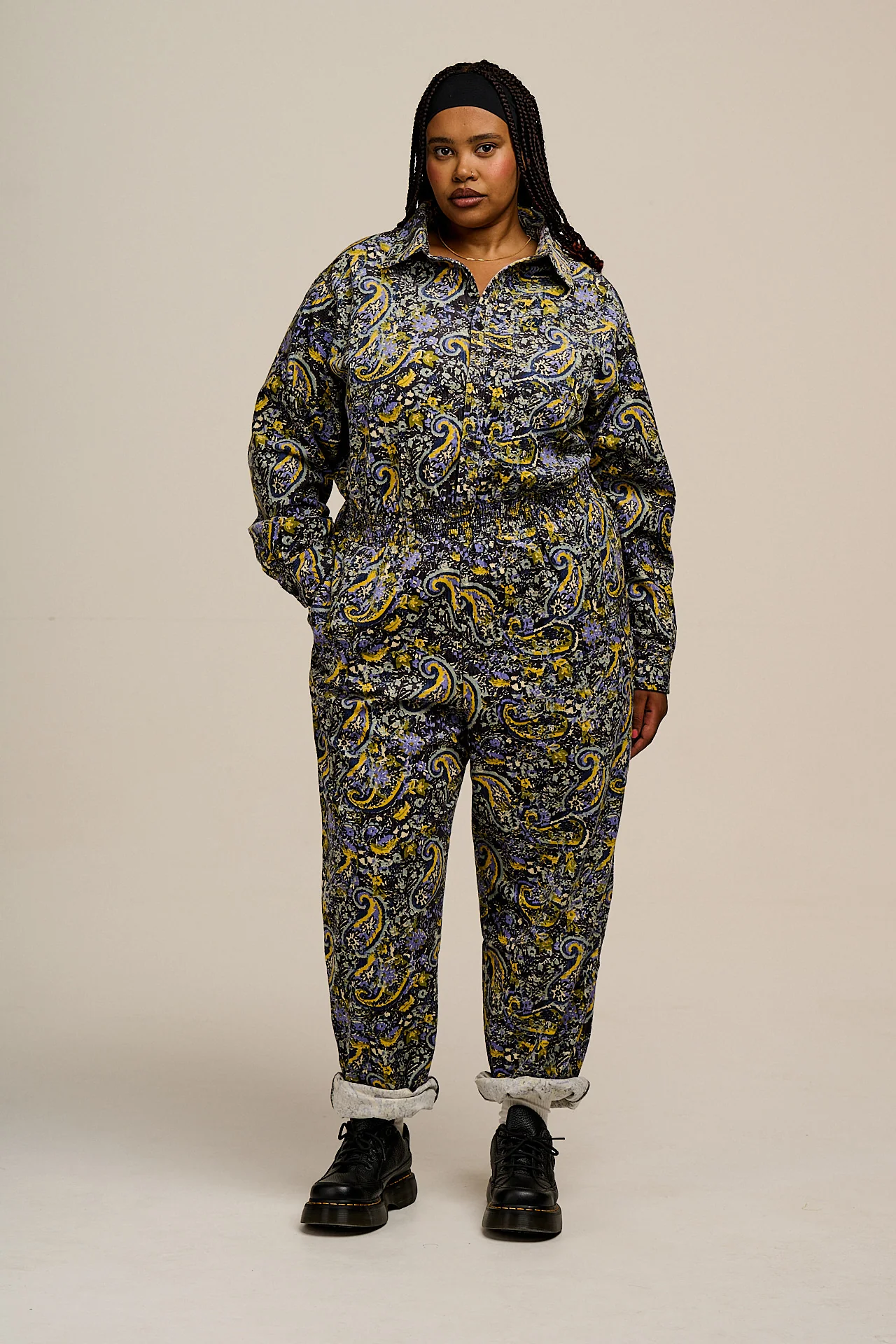 Eddie - Long Sleeve Corduroy Jumpsuit in Grunge Paisley Print - Image 8