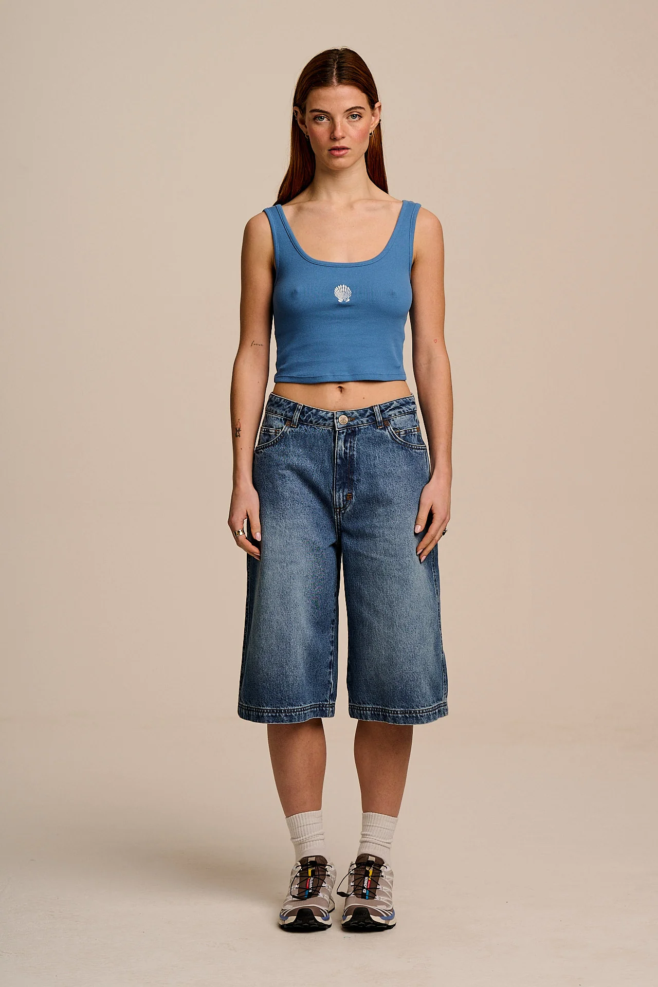 Eden - Cotton Ribbed Vest in Blue Shell Embroidery - Image 5