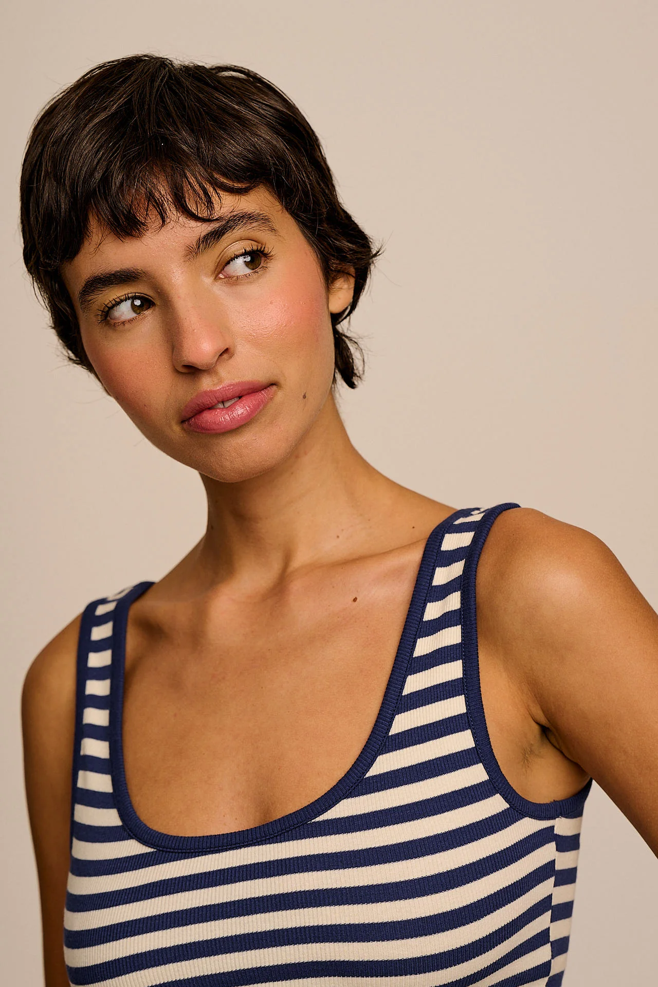 Eden - Cotton Ribbed Vest in Navy & Ecru Stripe - Image 2