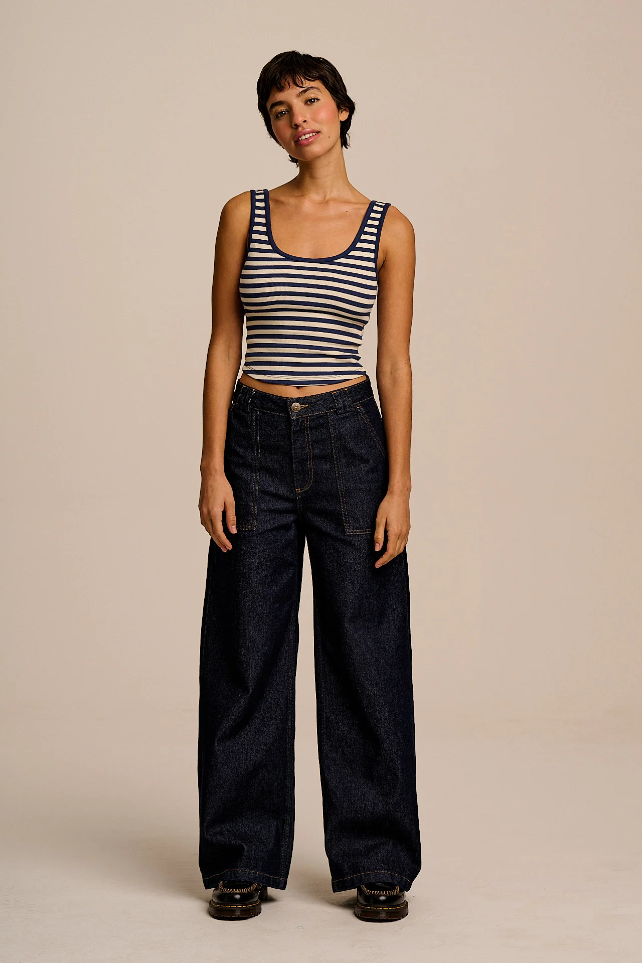 Eden - Cotton Ribbed Vest in Navy & Ecru Stripe - Image 4
