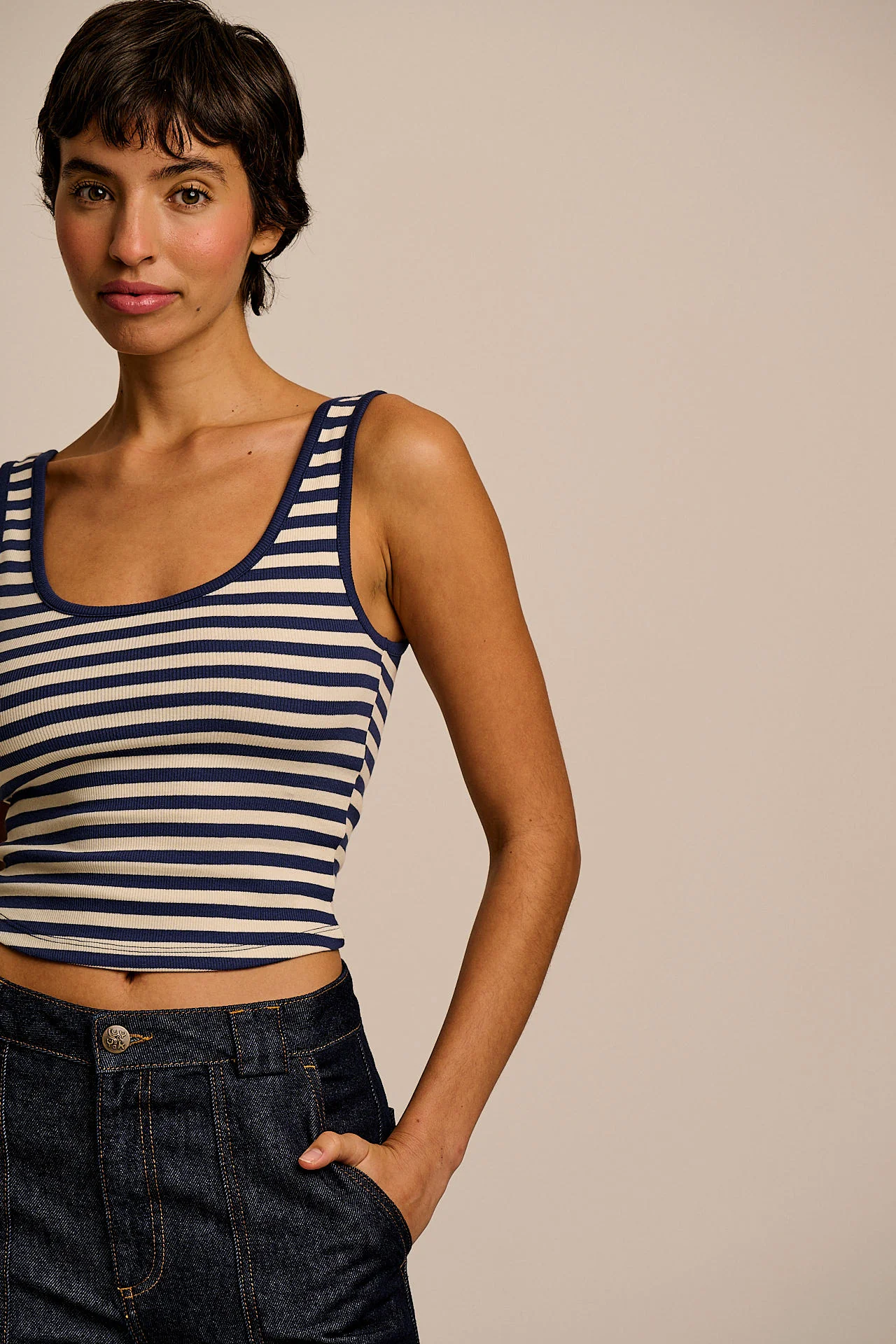 Eden - Cotton Ribbed Vest in Navy & Ecru Stripe - Image 5