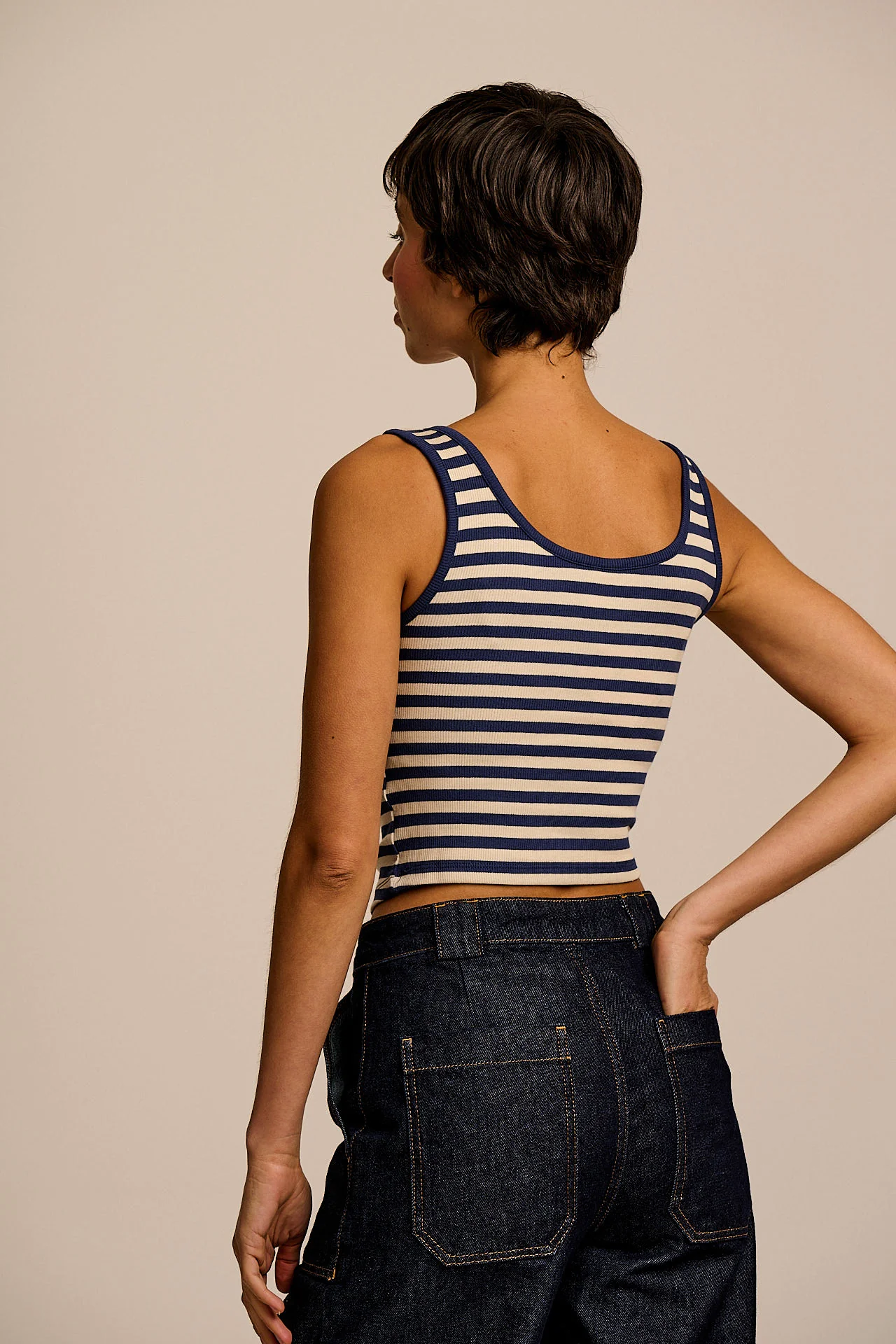 Eden - Cotton Ribbed Vest in Navy & Ecru Stripe - Image 6