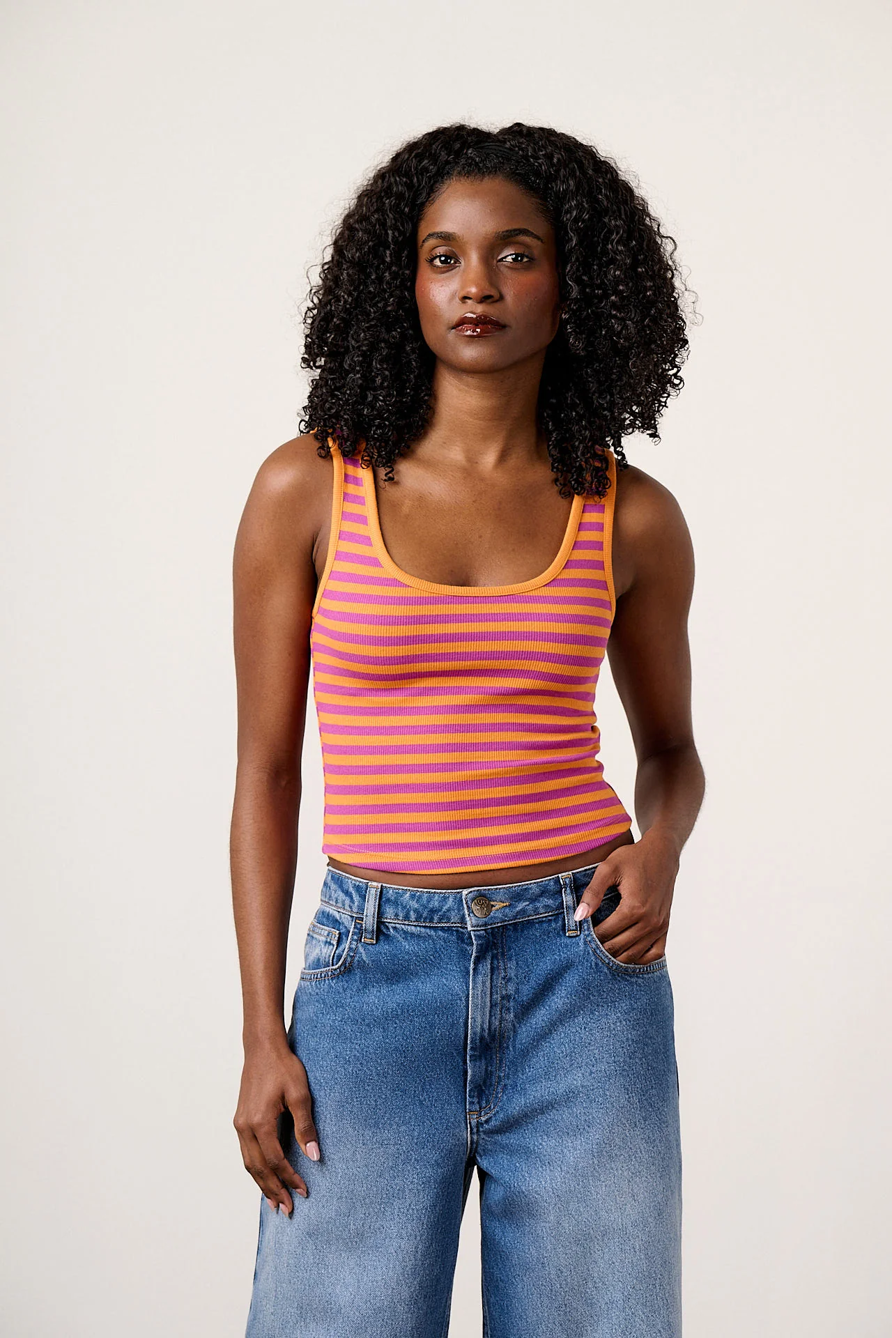 Eden - Cotton Ribbed Vest in Orange & Purple Stripe - Image 4