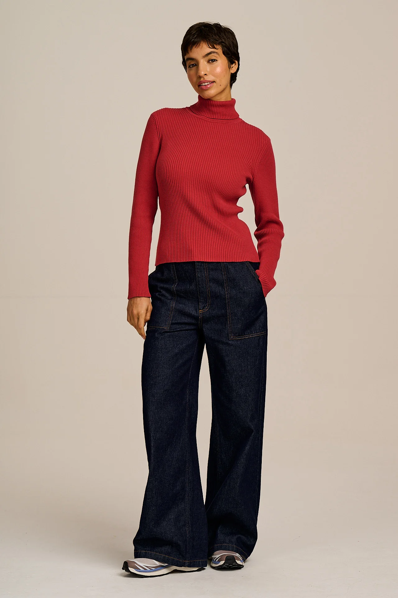 Eva - Knitted Roll Neck Long Sleeve Top in Cardinal Red - Image 8