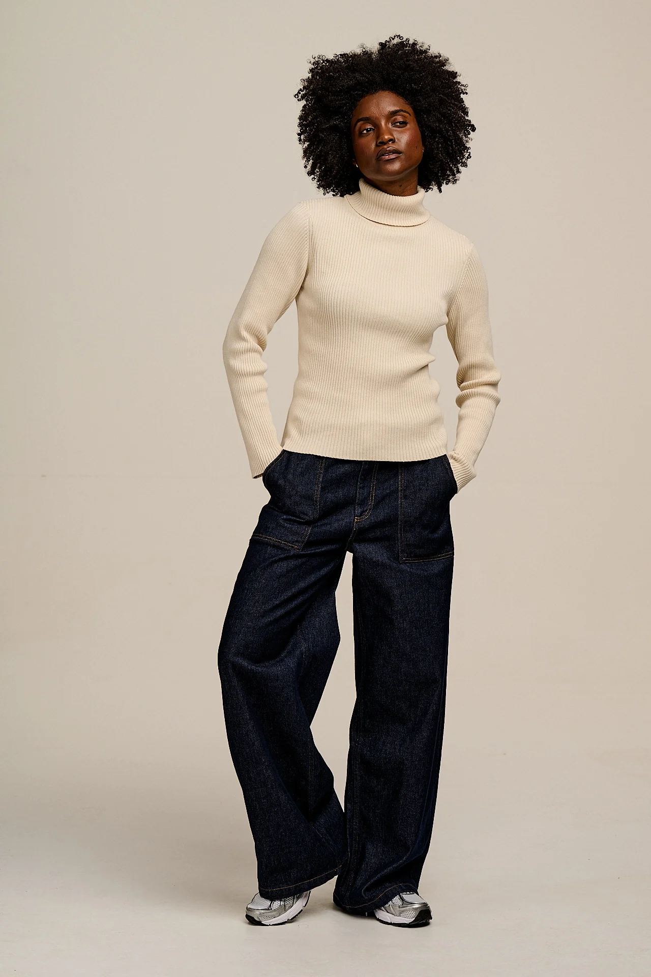 Eva - Knitted Roll Neck Long Sleeve Top in Pearl - Image 4