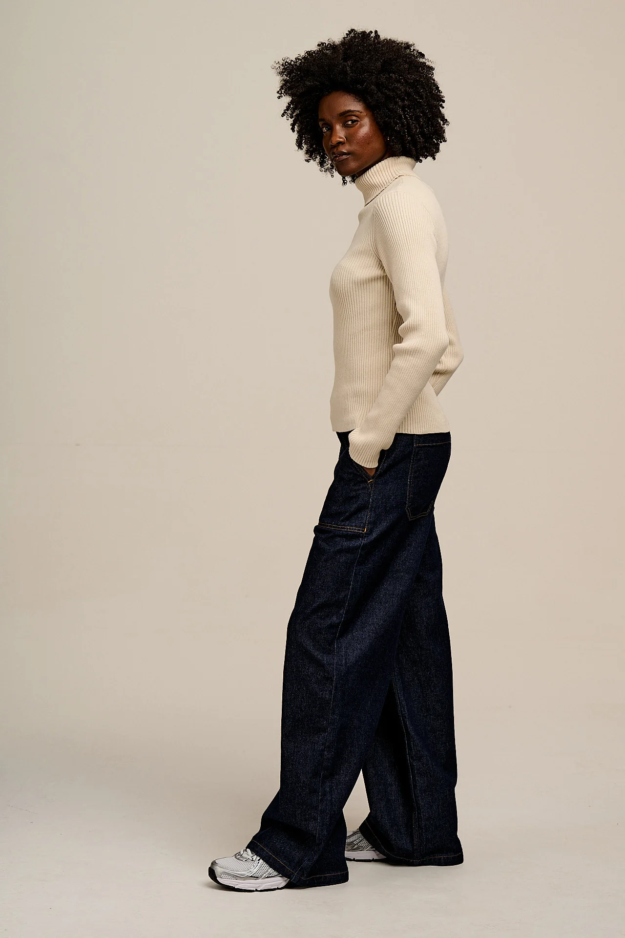 Eva - Knitted Roll Neck Long Sleeve Top in Pearl - Image 5