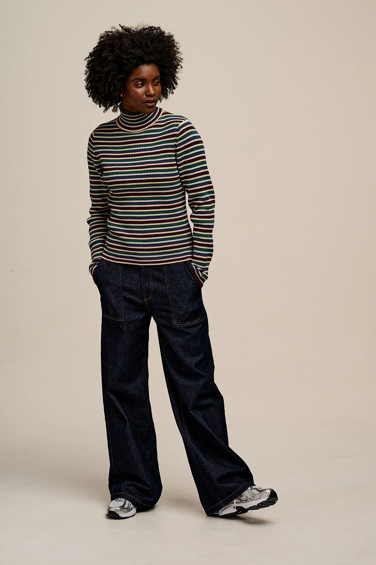 Eva - Knitted Roll Neck Long Sleeve Top in Earthy Stripe - Image 3