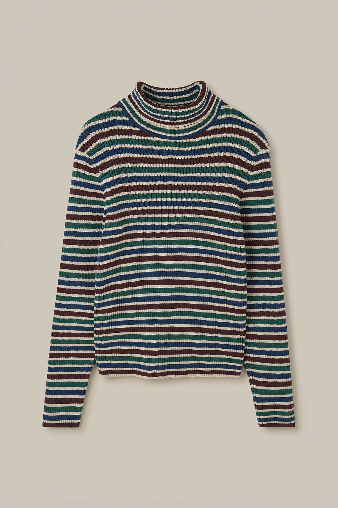 Eva - Knitted Roll Neck Long Sleeve Top in Earthy Stripe - Image 6