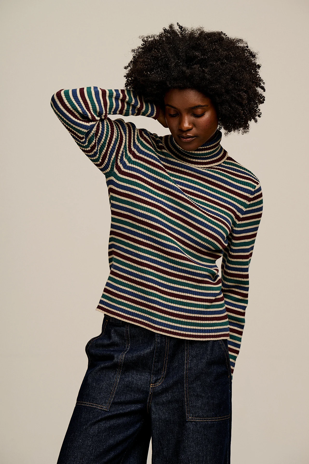 Eva - Knitted Roll Neck Long Sleeve Top in Earthy Stripe - Image 7