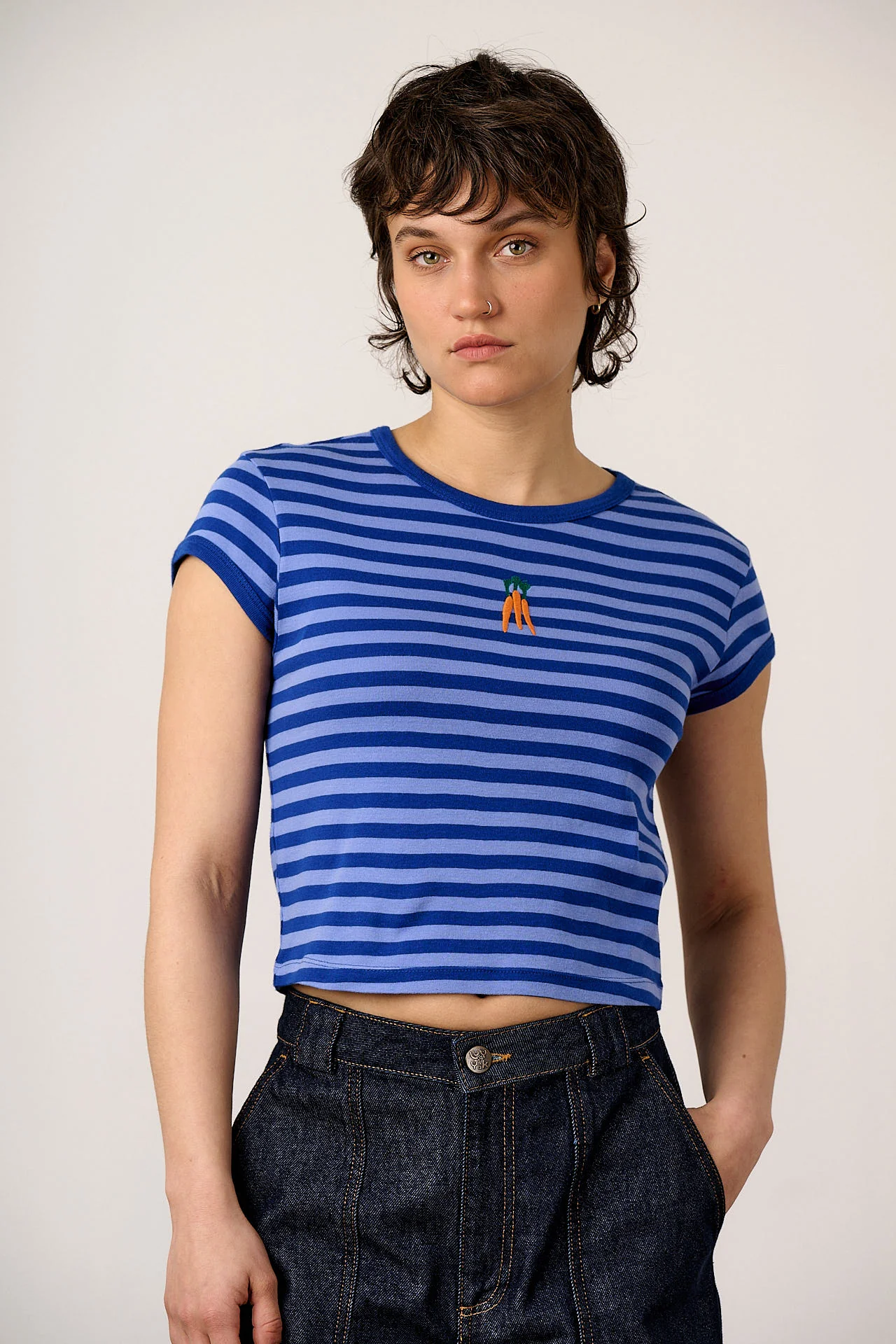 Fenn - Cotton Baby Tee in Navy Carrot Stripe - Image 2