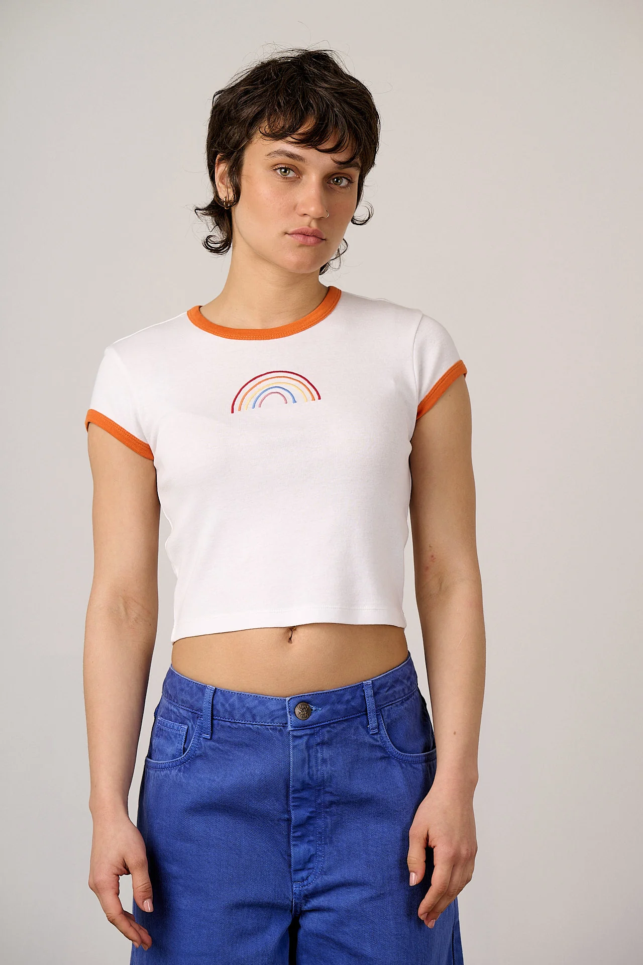 Fenn - Cotton Baby Tee in White with Rainbow Embroidery - Image 5