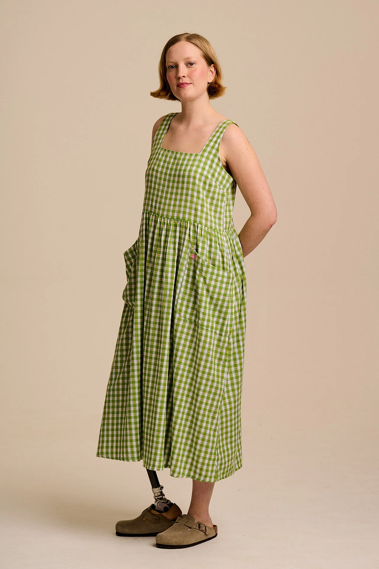 Florie - Cotton Midi Dress in Green & White Tulip Gingham - Image 3