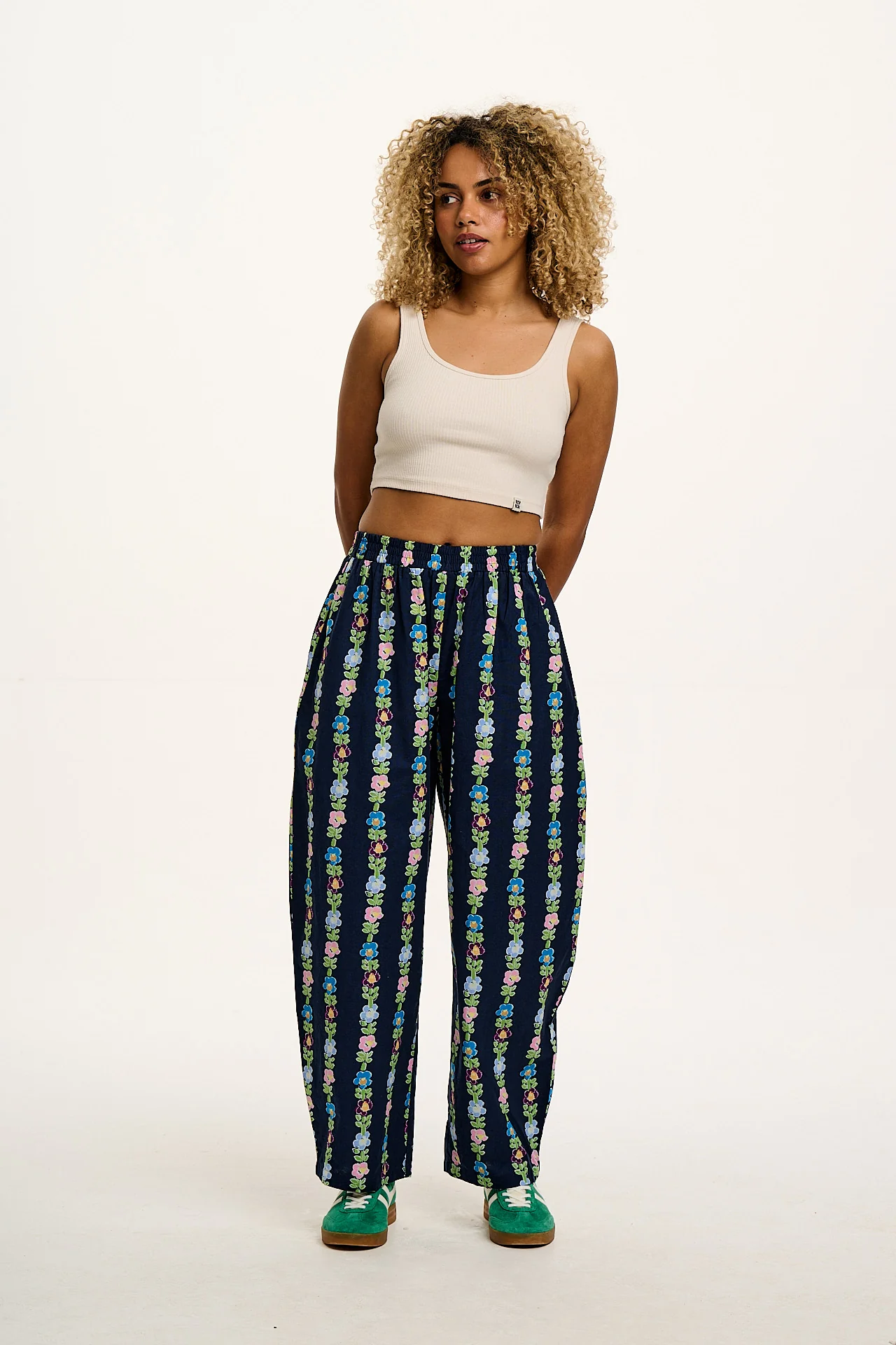 Freddie - Barrel Leg Cotton & Linen Trousers in Navy Island Bloom Print - Image 6