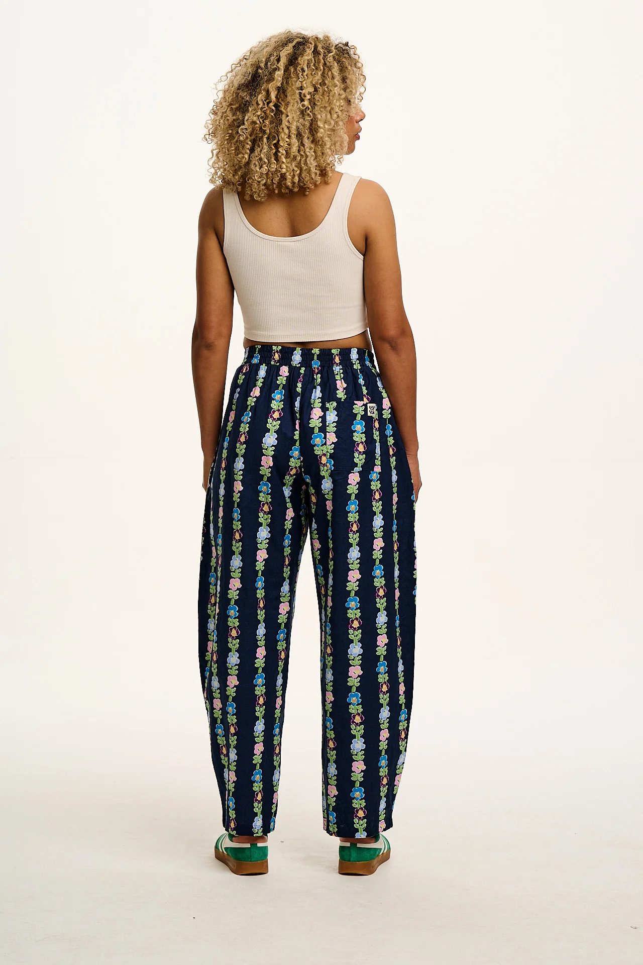 Freddie - Barrel Leg Cotton & Linen Trousers in Navy Island Bloom Print - Image 9