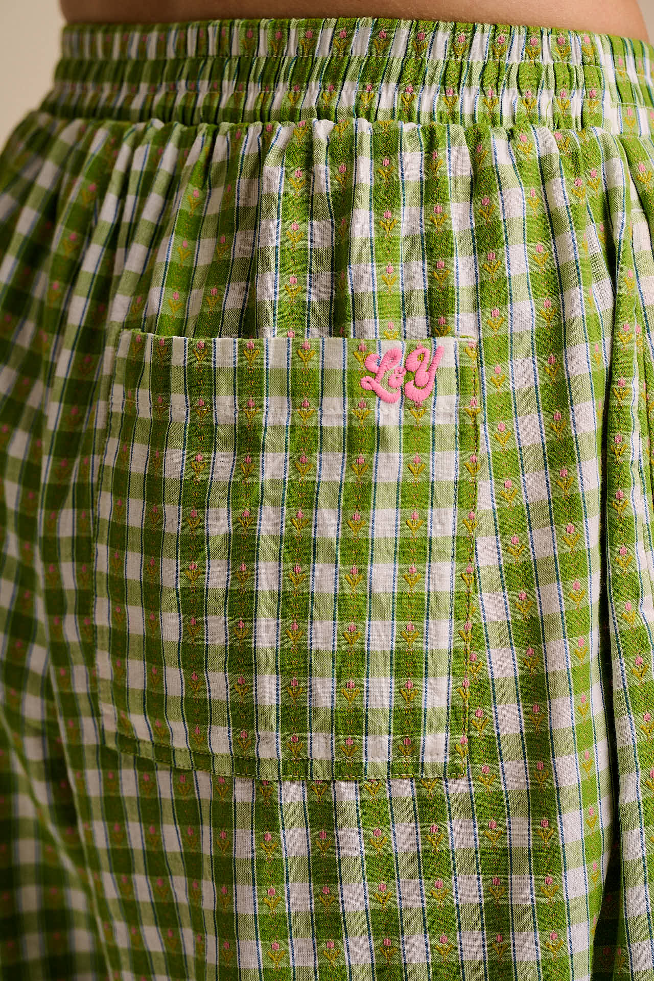 Freddie - Barrel Leg Cotton Trousers in Green & White Tulip Gingham - Image 3