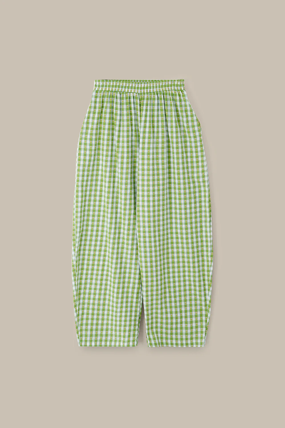 Freddie - Barrel Leg Cotton Trousers in Green & White Tulip Gingham - Image 5