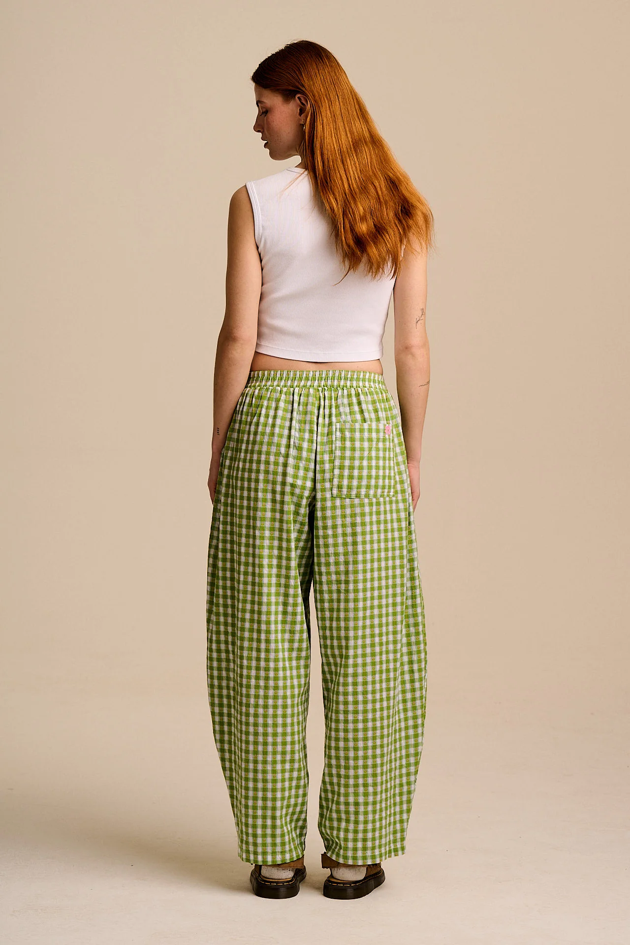 Freddie - Barrel Leg Cotton Trousers in Green & White Tulip Gingham - Image 6