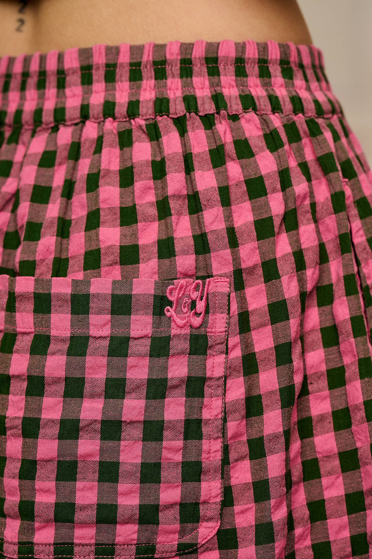 Freddie - Barrel Leg Cotton Trousers in Pink & Green Gingham - Image 3