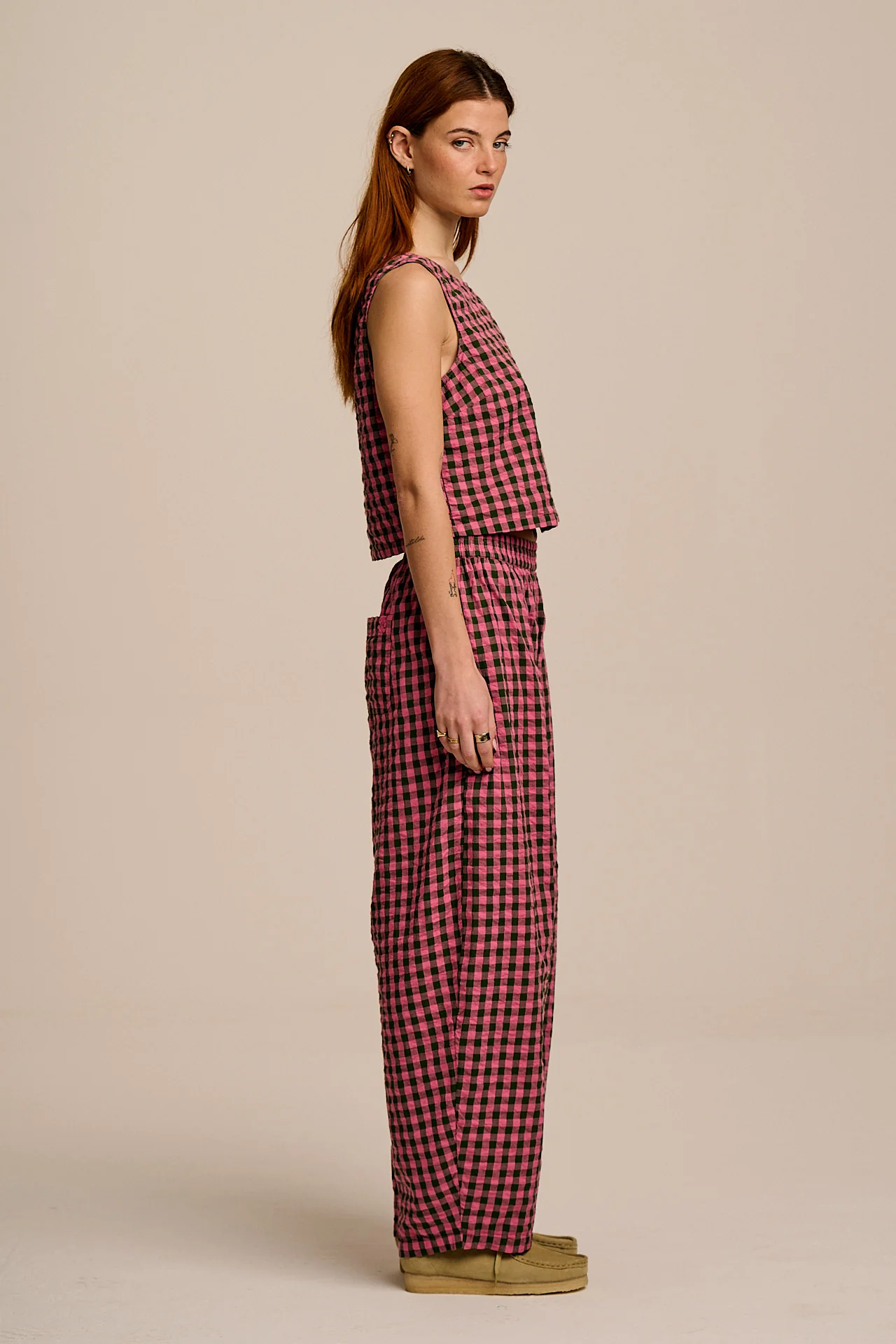 Freddie - Barrel Leg Cotton Trousers in Pink & Green Gingham - Image 5