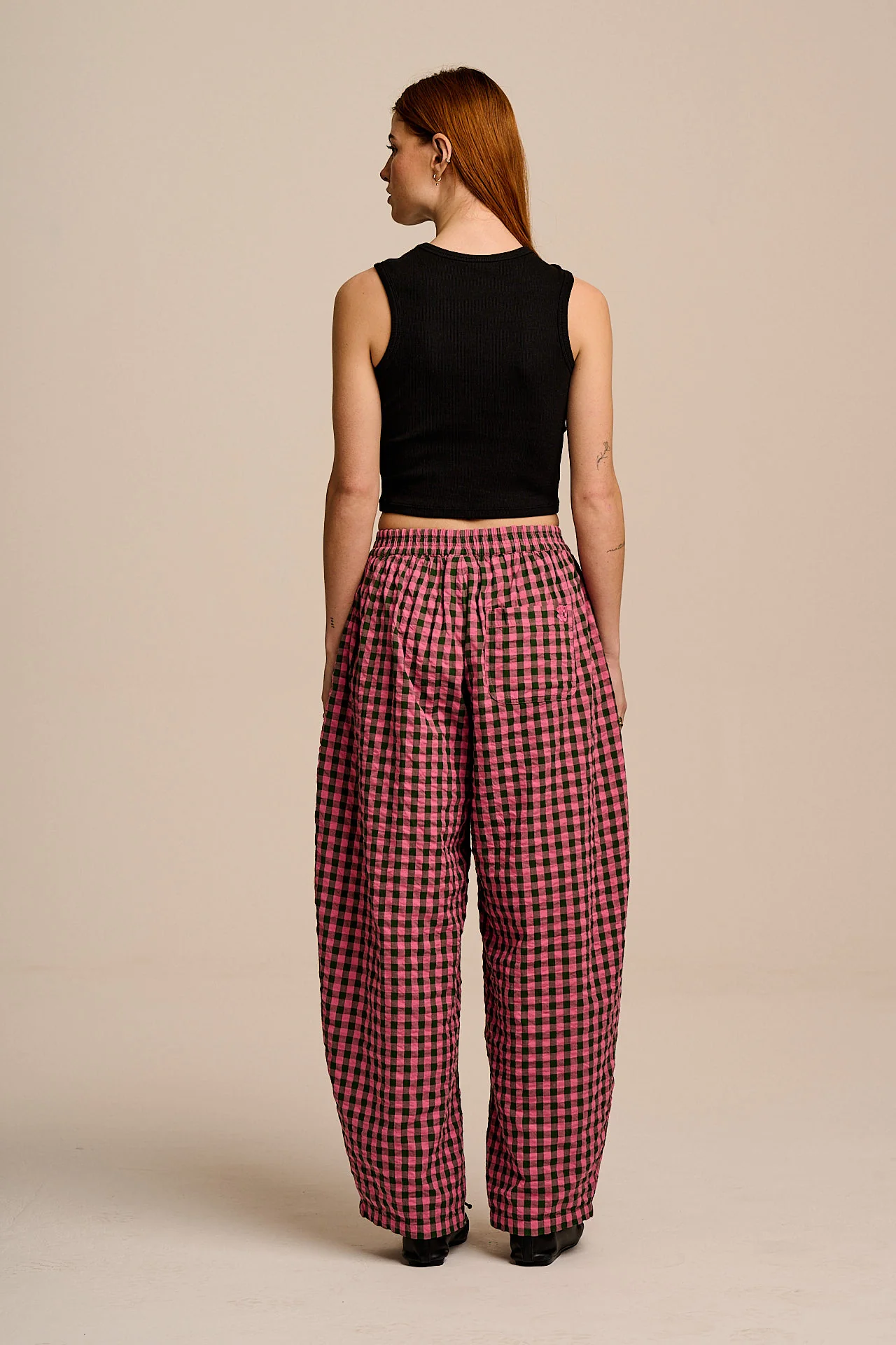 Freddie - Barrel Leg Cotton Trousers in Pink & Green Gingham - Image 6